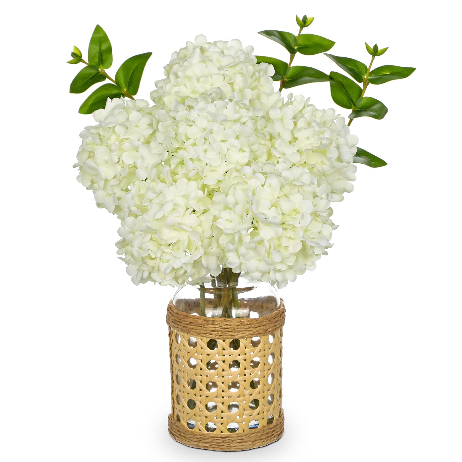 Oairse Artificial Hydrangea Flowers with Glass Vase with Rattan Cover 32cm White Silk Flowers in Vase for Farmhouse Home Office Décor Faux Floral Arrangement for Table Centrepiece Shelf Decoration