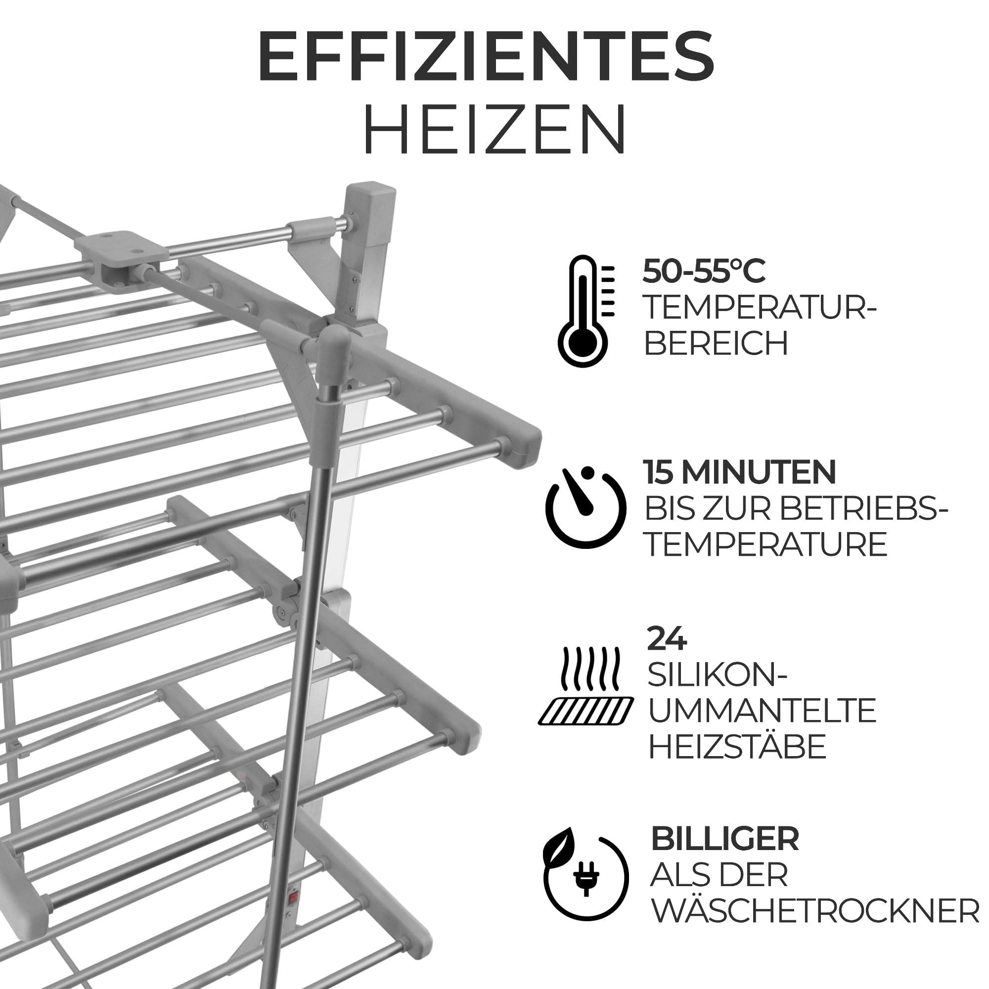 Elektrischer beheizter Wäscheständer 3 Ebenen 21m 15kg Wäsche Kapazität 50-55°C 220W Drinnen Klappbar Mobil 6 Böden 24 Stangen Energieeffizient Schnell trocken Staubschutzhülle & 6 Wäscheklammern