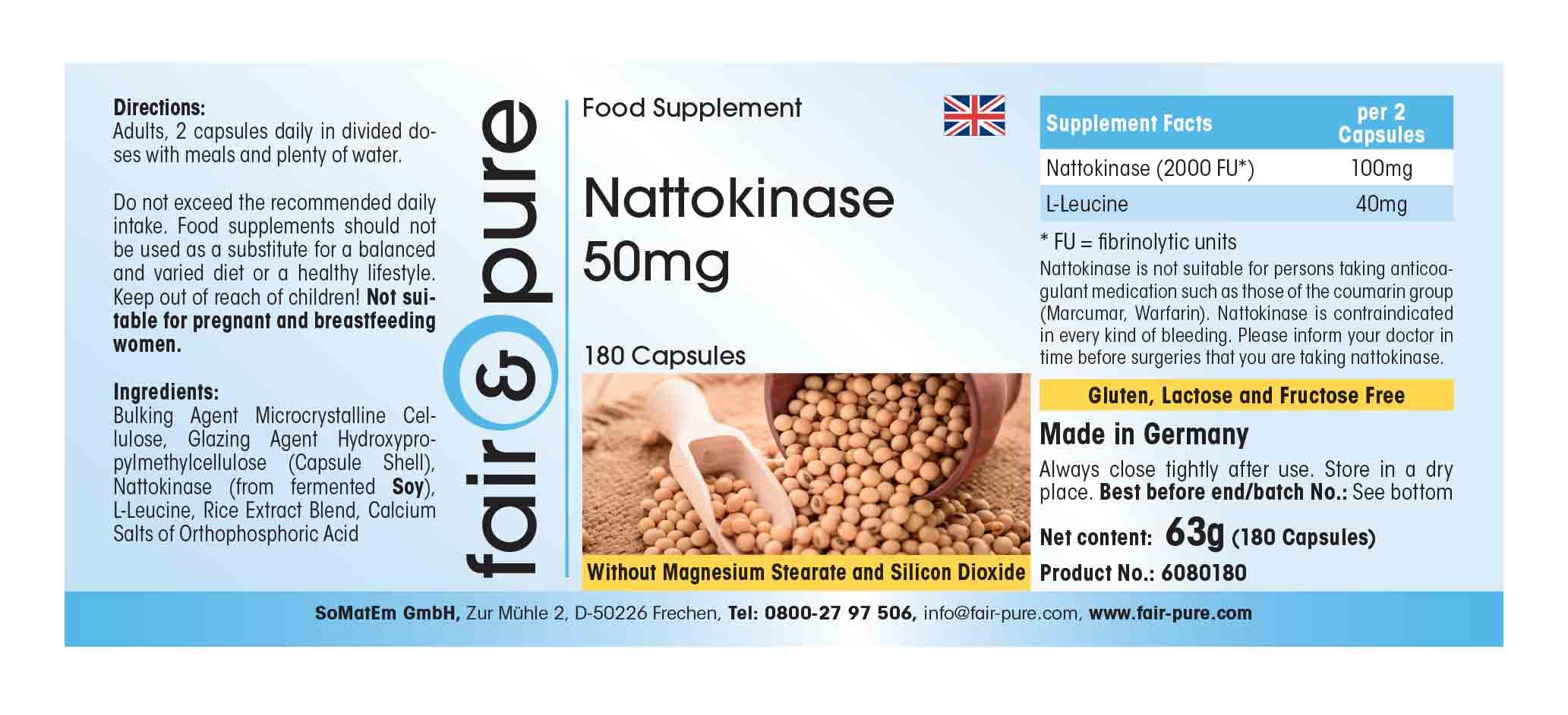 Fair & Pure Nattokinase 50mg, 180 Kapseln, schluckfreundlich, Nahrungsergänzungsmittel vegan ohne Magnesiumstearat, in Deutschland hergestellt