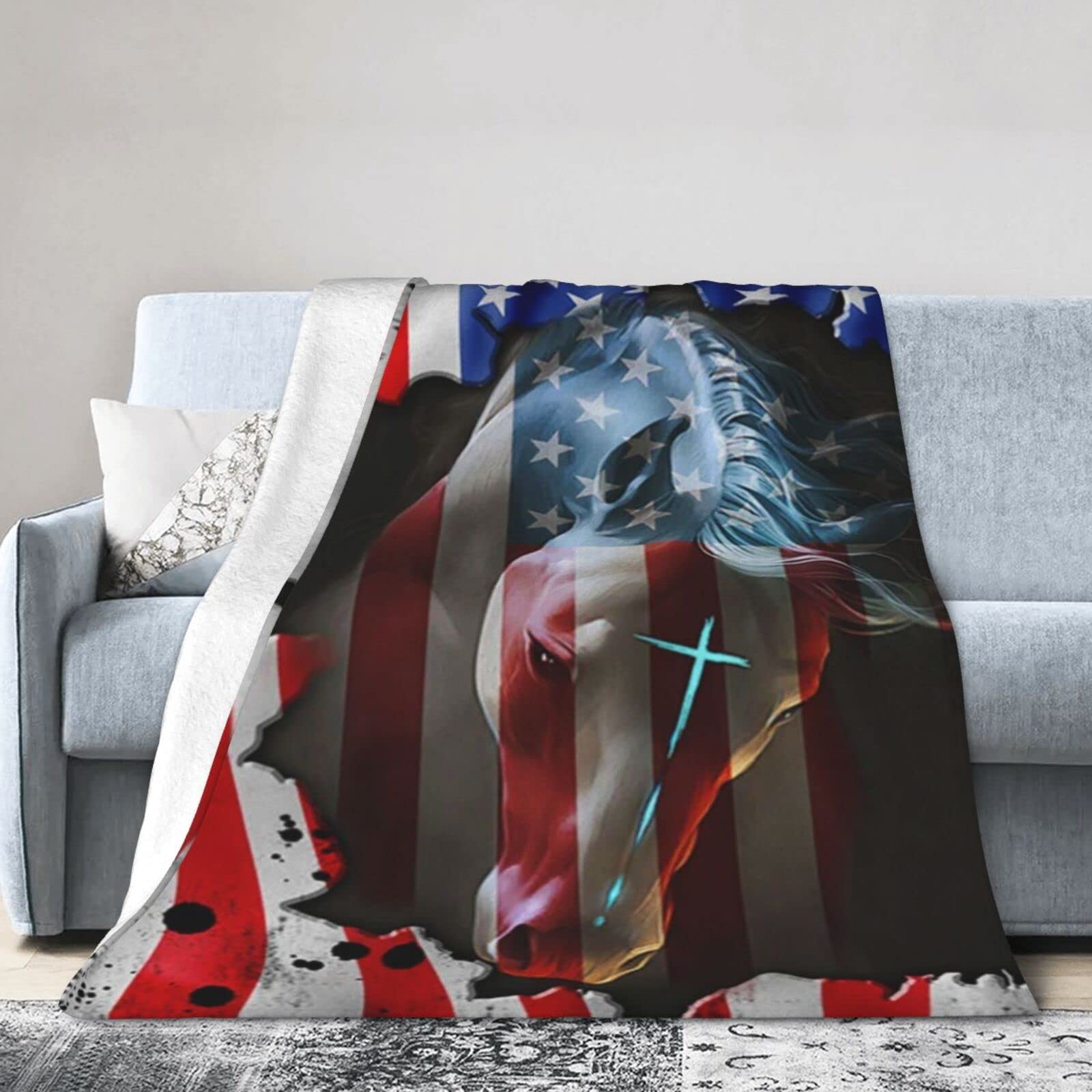 Lsjuee Christmas Flannel Fleece Blanket 40"X30" Patriotic Horse U.S Bed Throw Blanket Lightweight Ultra-Soft Travel Winter Blankets for Girls Keep Warm