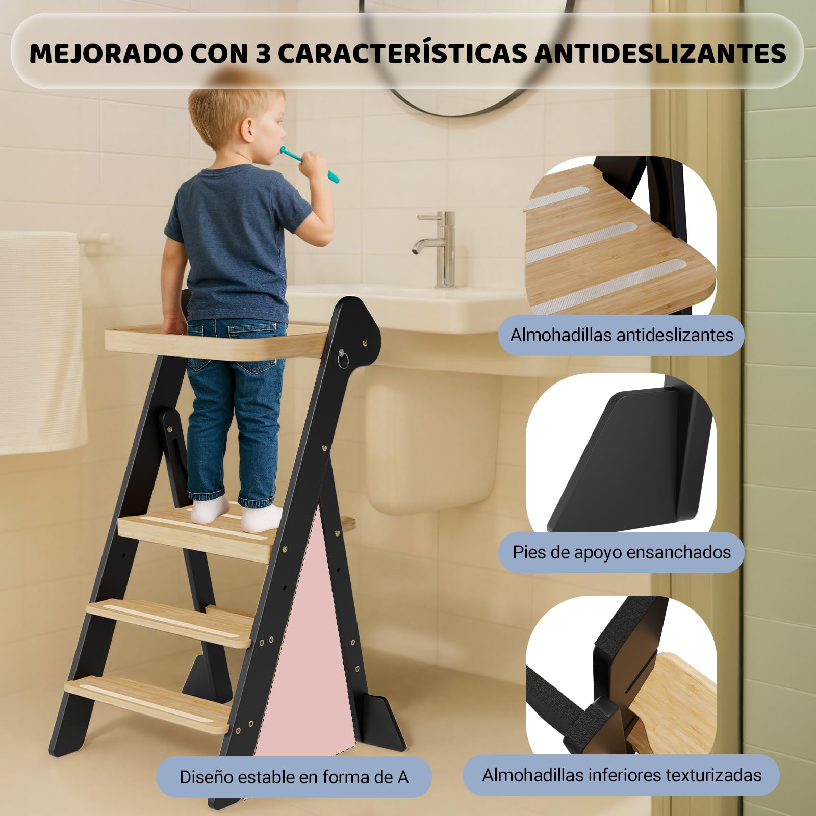 COSYLAND Torre de Aprendizaje Plegable Desde 1 Año – Premio iF Design, Torre Montessori con Red de Seguridad y Altura Ajustable, Ideal para Cocina y Baño, Foldi (Negro y Natural)