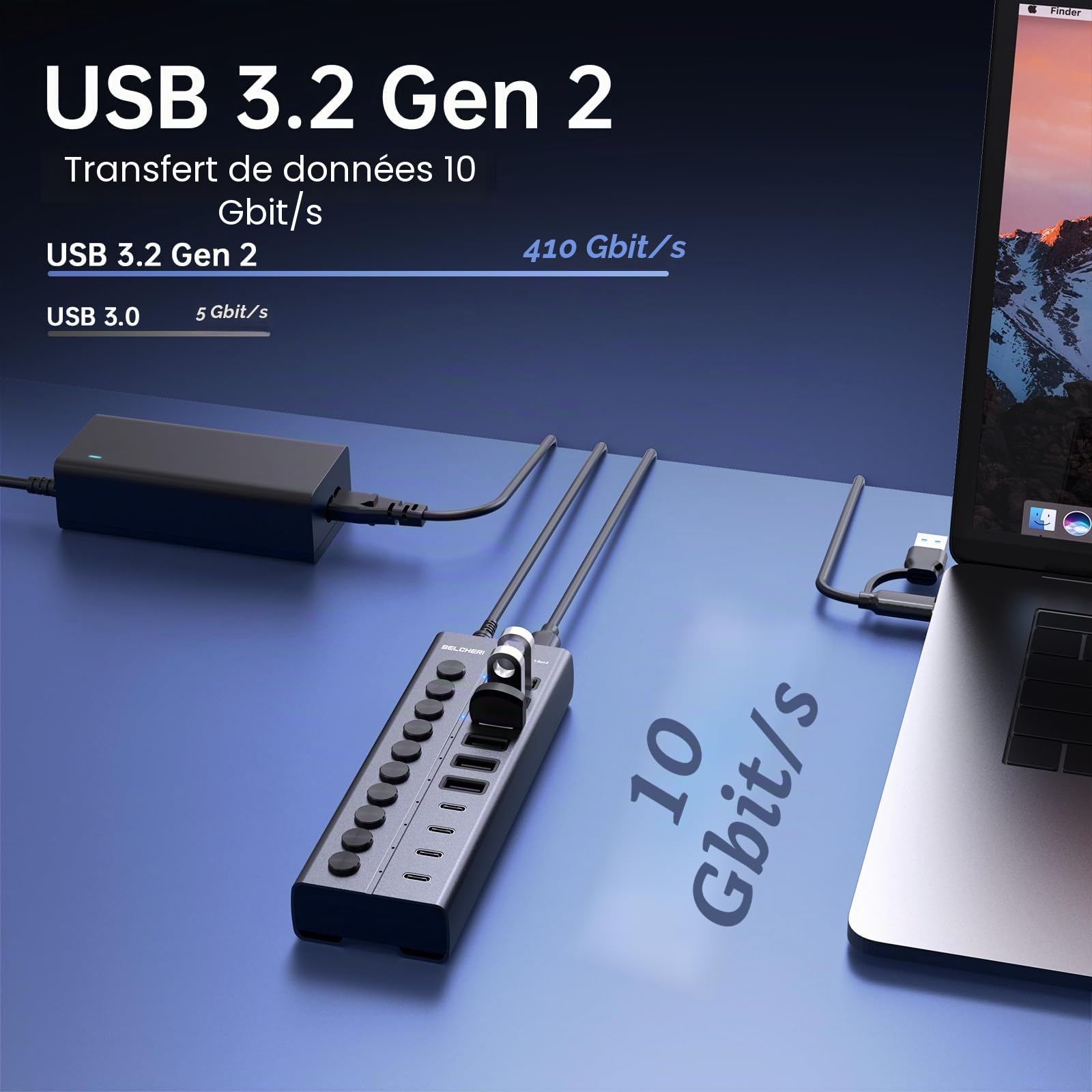 Hub USB avec bloc d'alimentation, 10 ports USB 3.2 Gen 2 10 Gbit/s, entièrement en aluminium avec alimentation 60 W (12 V 5 A), 6 ports USB-A et 4 ports USB-C, prend en charge la charge