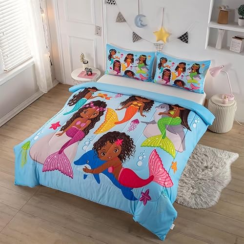 Miniatura 3 de Juego de edredón de sirena de tamaño matrimonial, color negro, juego de ropa de cama para niñas y adolescentes, juego de edredón ultra suave y