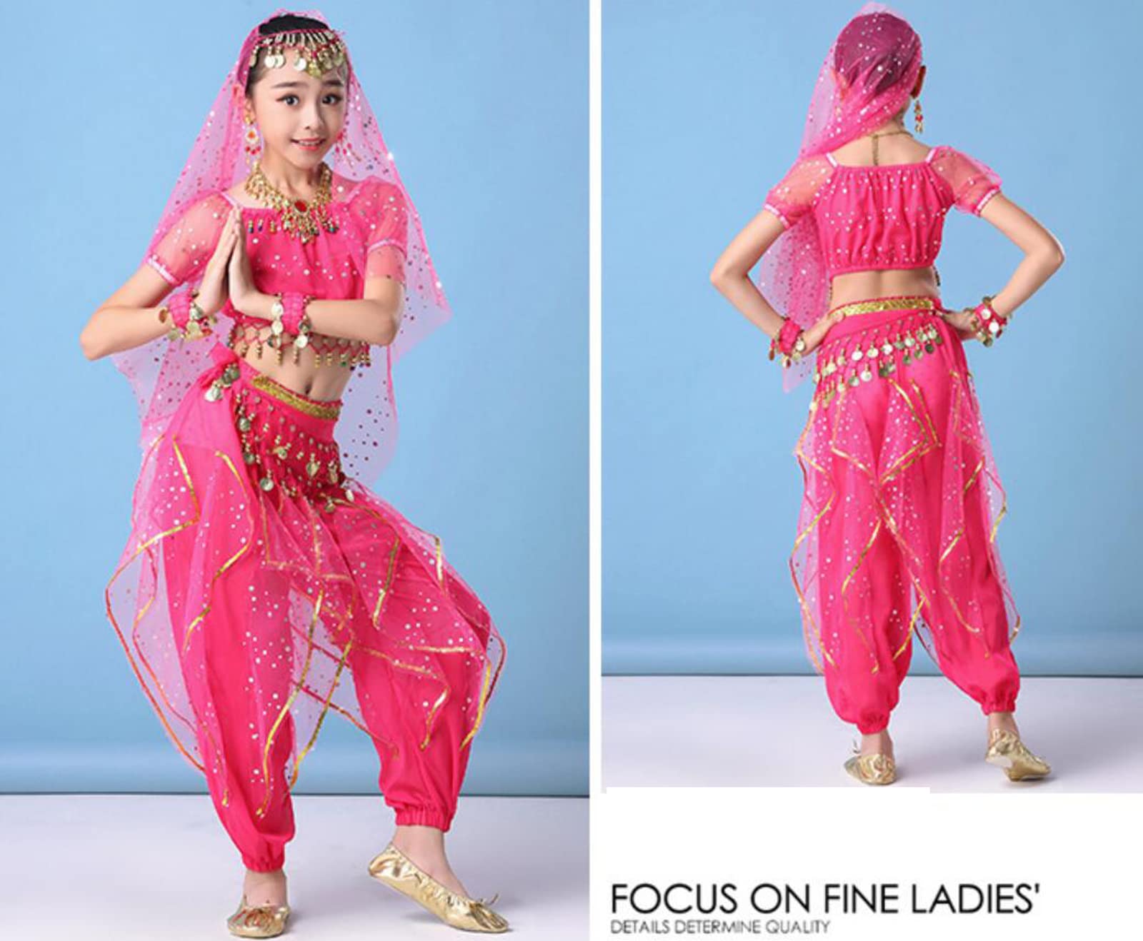 5er Set Kinder Bauchtanz Kostüme Set Orientalische Tanz Kostüme Mädchen Ägypten Bollywood Indische Bauchtanz Kleidung Indien Tanz Set,Rosa,M