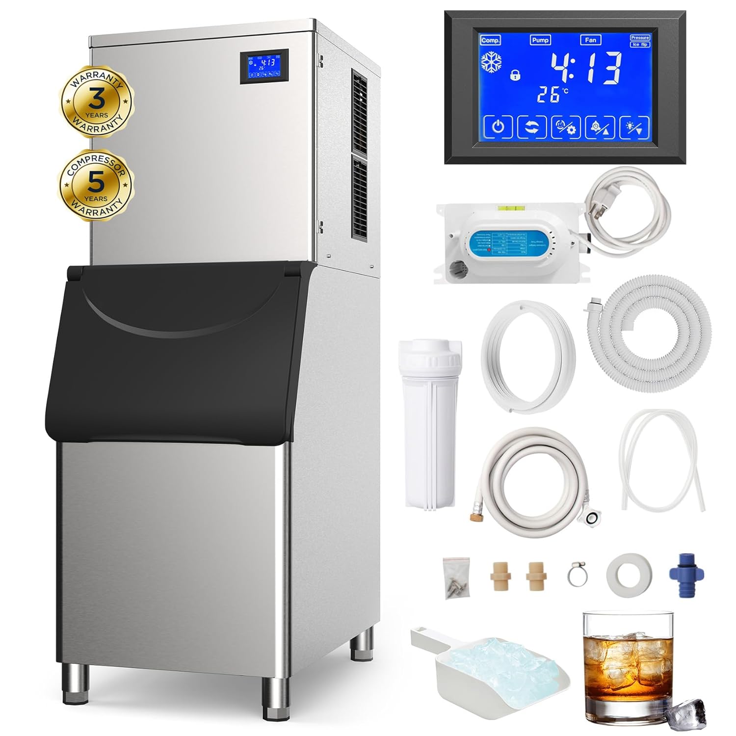 FreezLabs Commercial Ice Maker Machine 400Lbs/24H with 400LBS Large Storage Bin Ice Ready in Air Cooled Clear Cube Ice for Bar Business Cafe 3-Year-Warranty