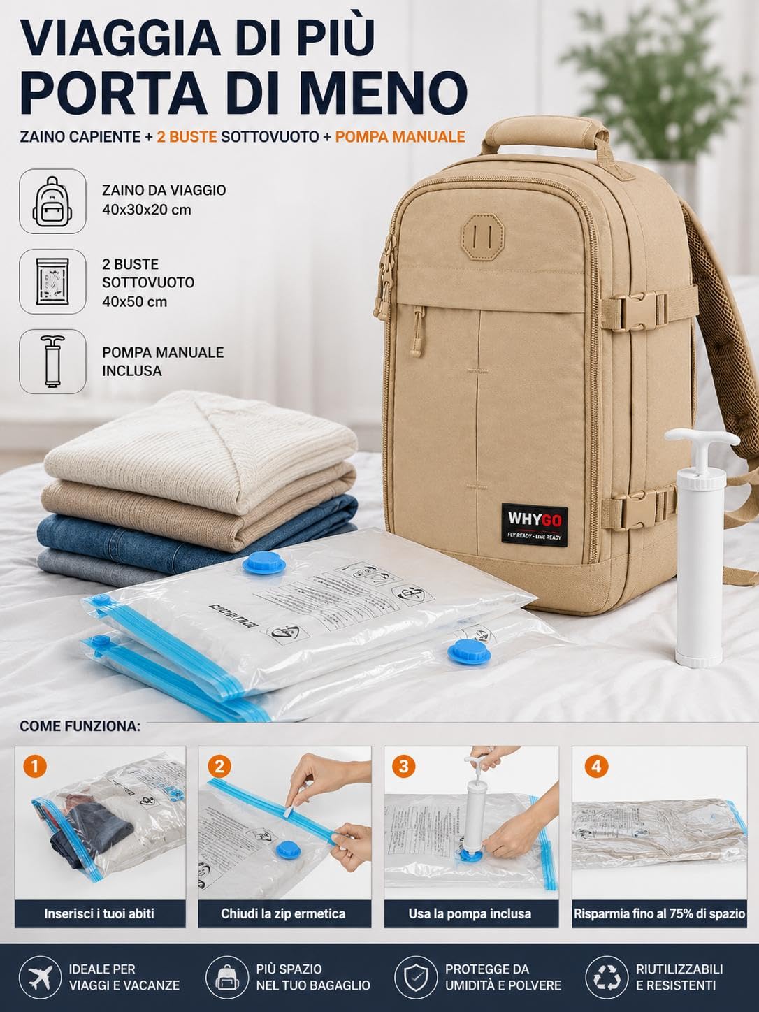 WHYGO Zaino da Viaggio 40x30x20 Impermeabile, Compatibile Ryanair - NERO | Capacità di 24 litri, Retro Traspirante - Apertura 180º con 2 Sacchetti Sottovuoto Inclusi - Ideale per Weekend e Trasferte