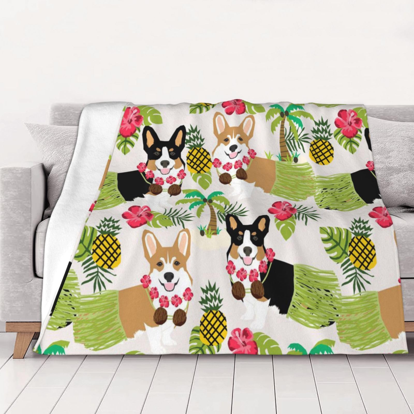 Couverture flanelle fleurs et corgi de 150x125 cm idée cadeau adultes