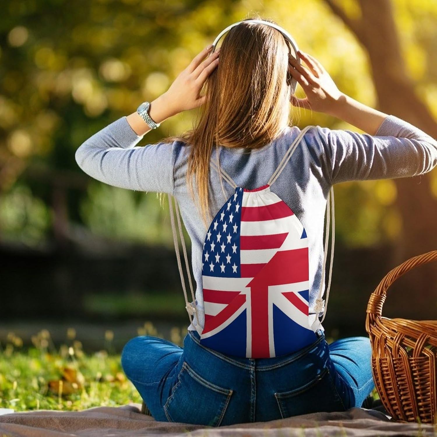 U.S. And English Flag Drawstring Backpack Gym Bag Draw String Back Bags for Sports Tennis Party Favor