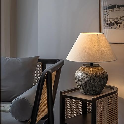 Miniatura 7 de PURESILKS Lámpara de mesa de granja de 19 pulgadas, lámpara de mesa de cerámica con rayas blancas, cerámica áspera hecha a mano con sombra oscura,