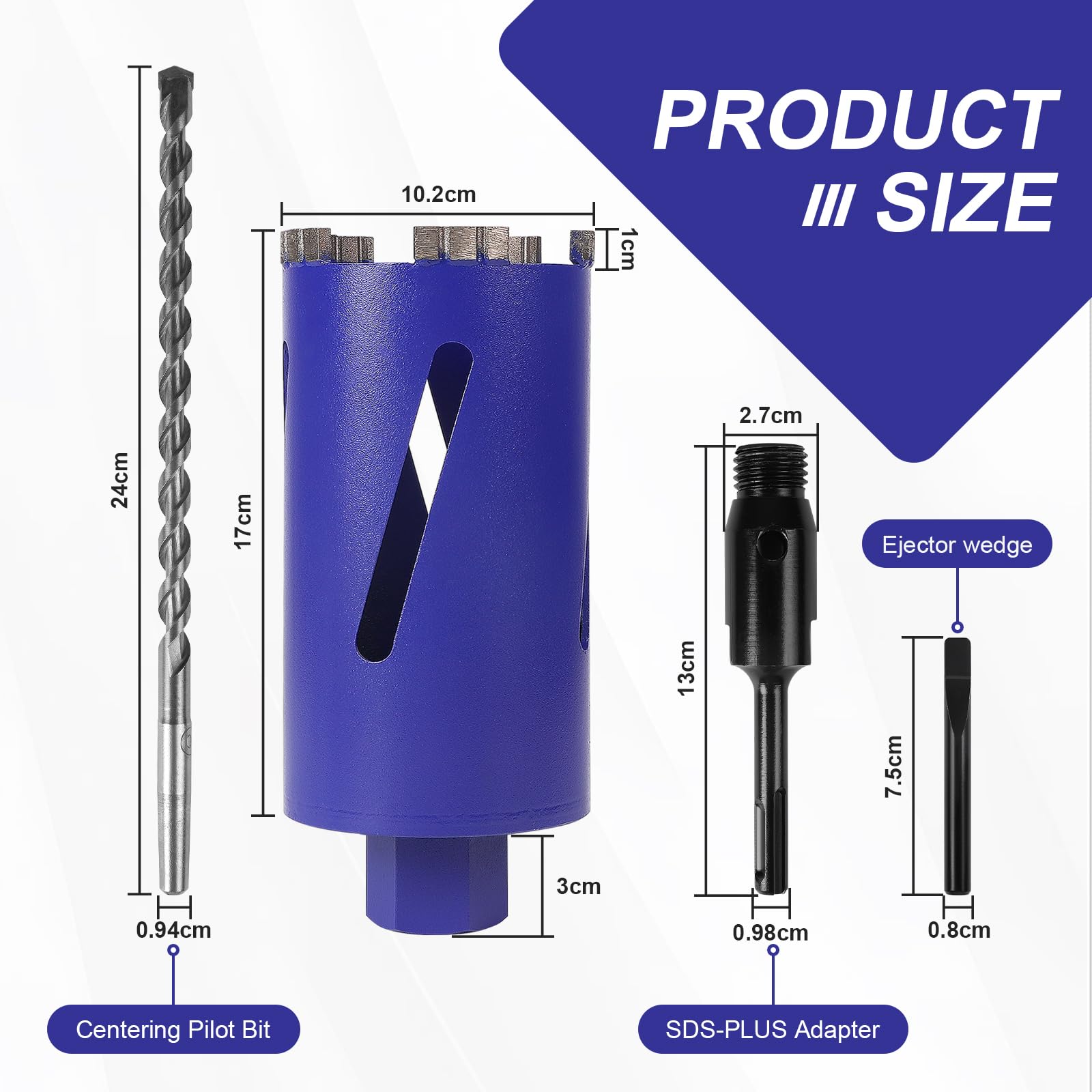 CPROSP M22 Corona Diamantata per Carotatrici Ø102mm L200mm, con Adattatore SDS PLUS e Punta di Centraggio, Corona per Foratura a Umido e a Secco, per Forare Calcestruzzo, Muratura e Pietra