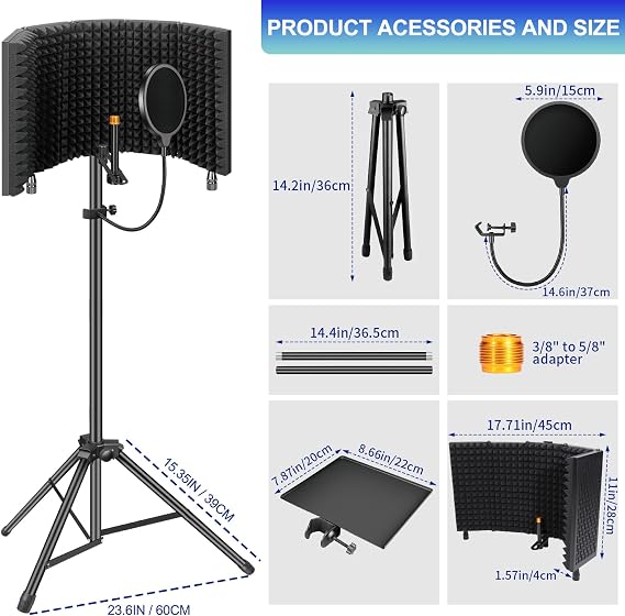 Dmsky Microphone Isolation Shield with Pop Filter & Tripod Stand, Foldable Mic Shield with Triple Sound Insulation, High Density Mic Sound Shield for Recording Studio, Podcasts, Singing, Broadcasting