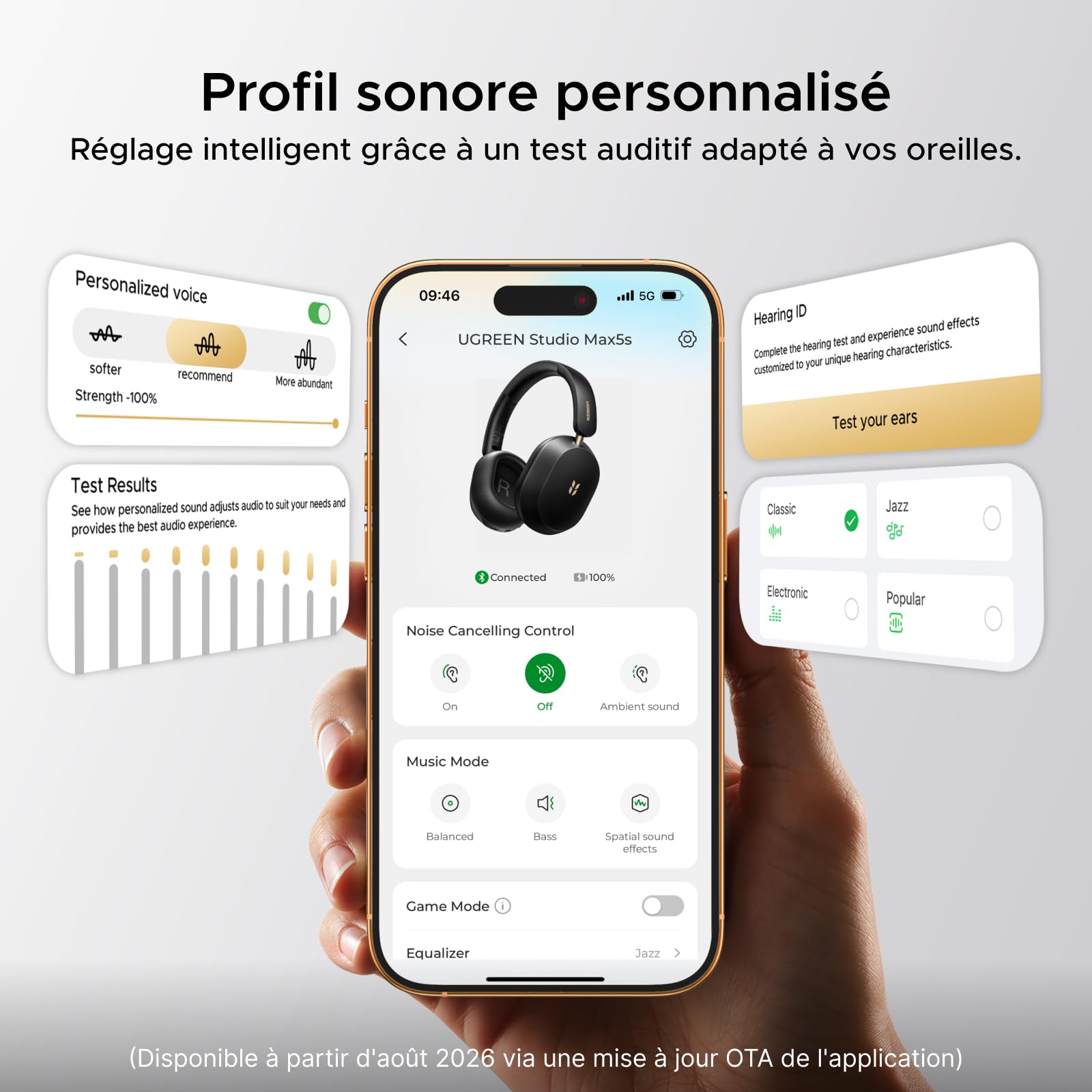UGREEN HiTune Max 5s Casque Bluetooth sans Fil ANC Adaptative 45dB Hi Res | Casque Audio LDAC 5 Micros BT 6.0 Audio Spatial Réduction Active du Bruit Adaptative EQ App 112H Connexion Multipoint Noir