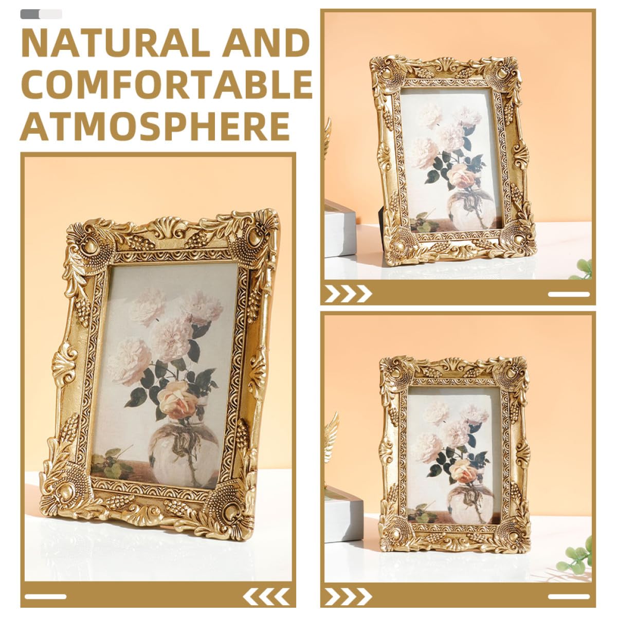 Marco de Fotos Dorado de Resina Estilo Europeo Elegante y Práctico para Decoración de Escritorio y Oficina Diseño Clásico y Antiguo