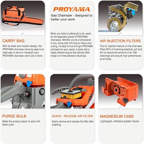 Miniatura 3 de PROYAMA Motosierra de gasolina de 2 ciclos de 62CC, 22 pulgadas y 18 pulgadas de mano inalámbrica para corte de madera de árbol