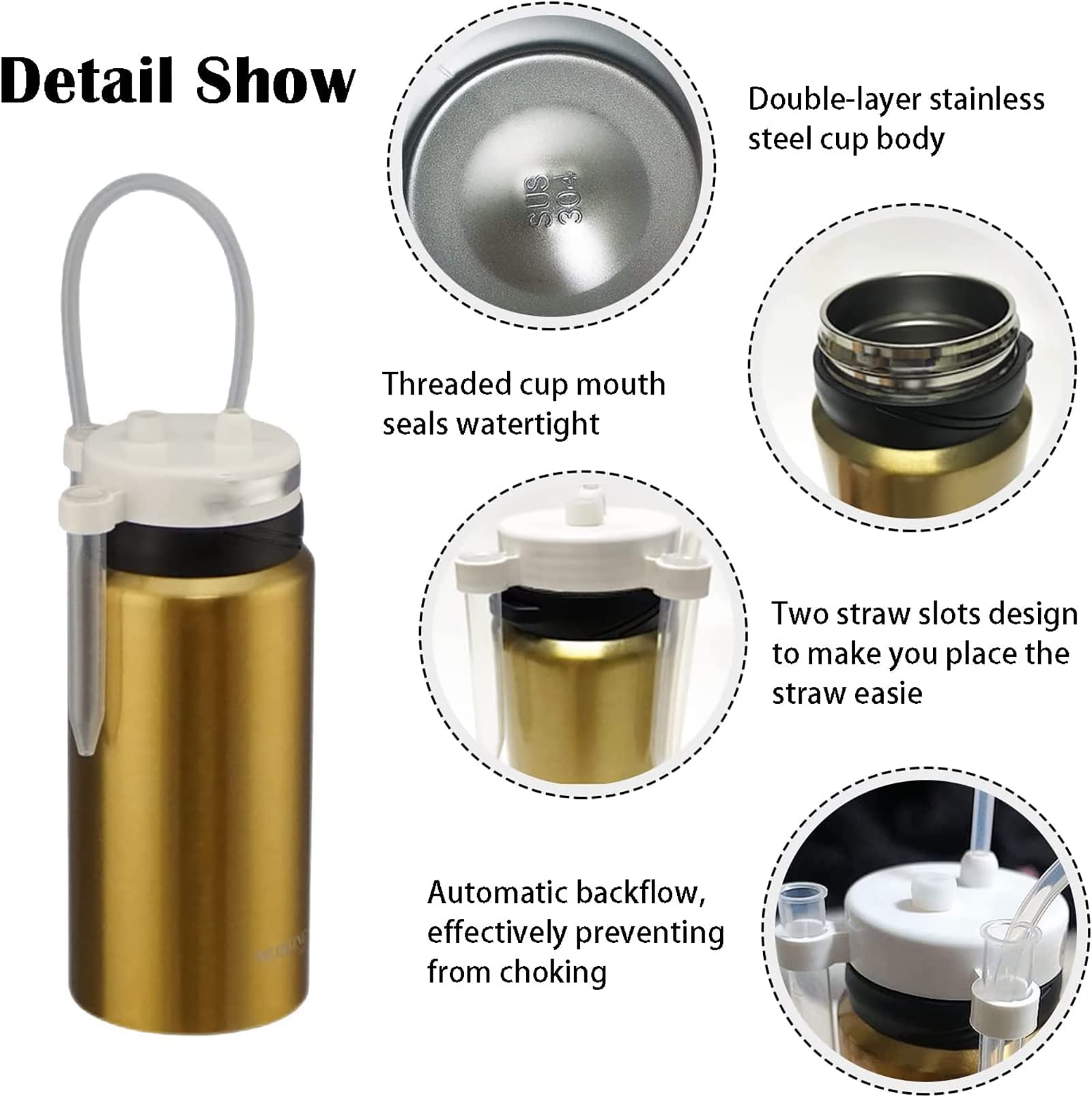 Vasos a prueba de derrames para adultos, vaso de alimentación convaleciente para pacientes postrados en cama, vaso térmico de acero inoxidable con pajita de 0,8 m, 3-5 horas térmico, para adultos