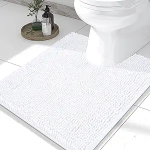 Smiry Luxury Chenille Toilet Rugs U-Shaped 24x20, Soft Absorbent Non-Slip Contour Bathroom Rugs for Toilet, Machine Washable Contoured Bath Mats, White