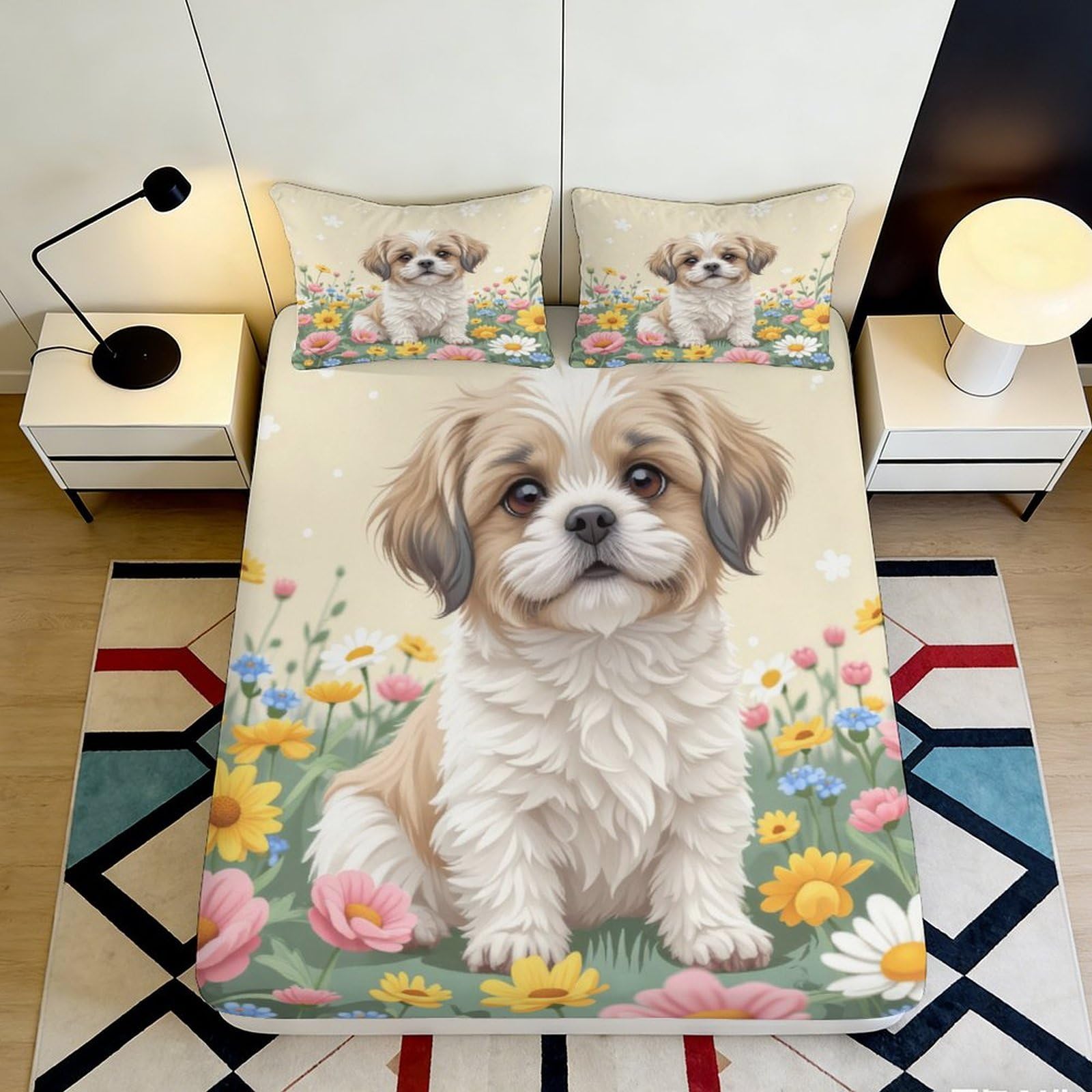 3D Printed Puppy Floral Fitted Sheet Microfiber Deep Pocket Non-Slip Puppy Mattress Fitted Cover Washable Bedding Set for Adults Teens 120x200x25cm