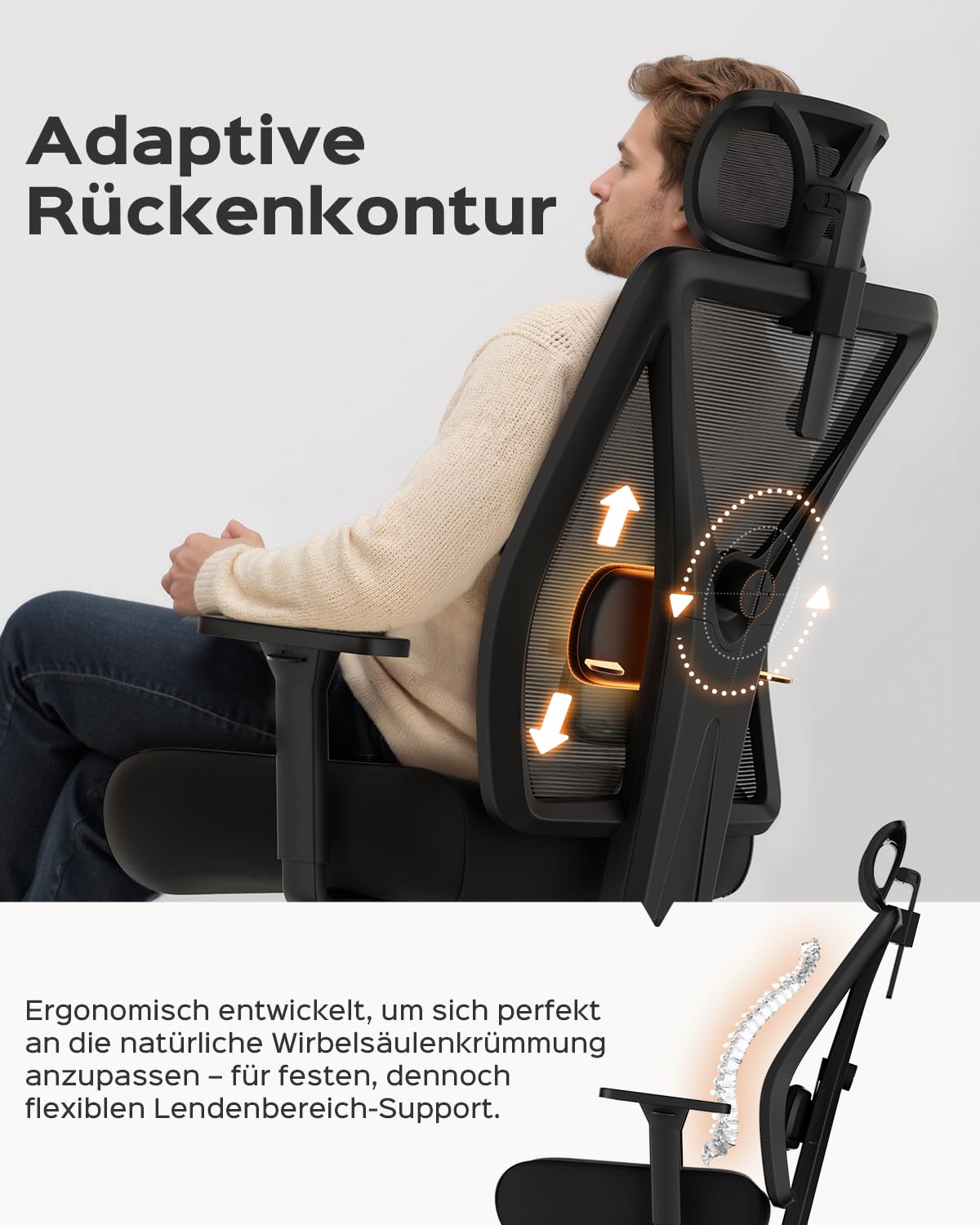 Dowinx Bürostuhl 270 kg, Ergonomischer Schreibtischstuhl mit Dicker Sitzpolsterung, Verstellbarer Lendenstütze, Höhenverstellbarer Rückenlehne, 3D-Armlehnen, Metall-Fuß, Schwarz