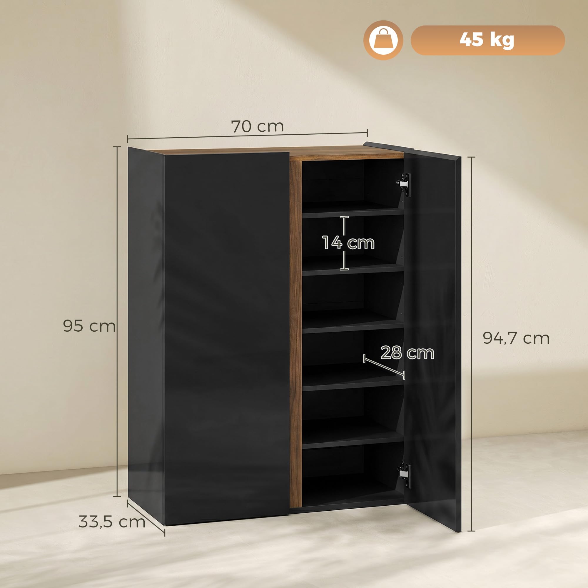 HOMCOM Schuhschrank mit 2 Hochglanz Türen Schuhregal Schuhkommode mit 6 Verstellbaren Fächern Schuhaufbewahrung mit Soft-Close-Funktion für 18 Paar Schuhe 70 x 33,5 x 95 cm, Schwarz
