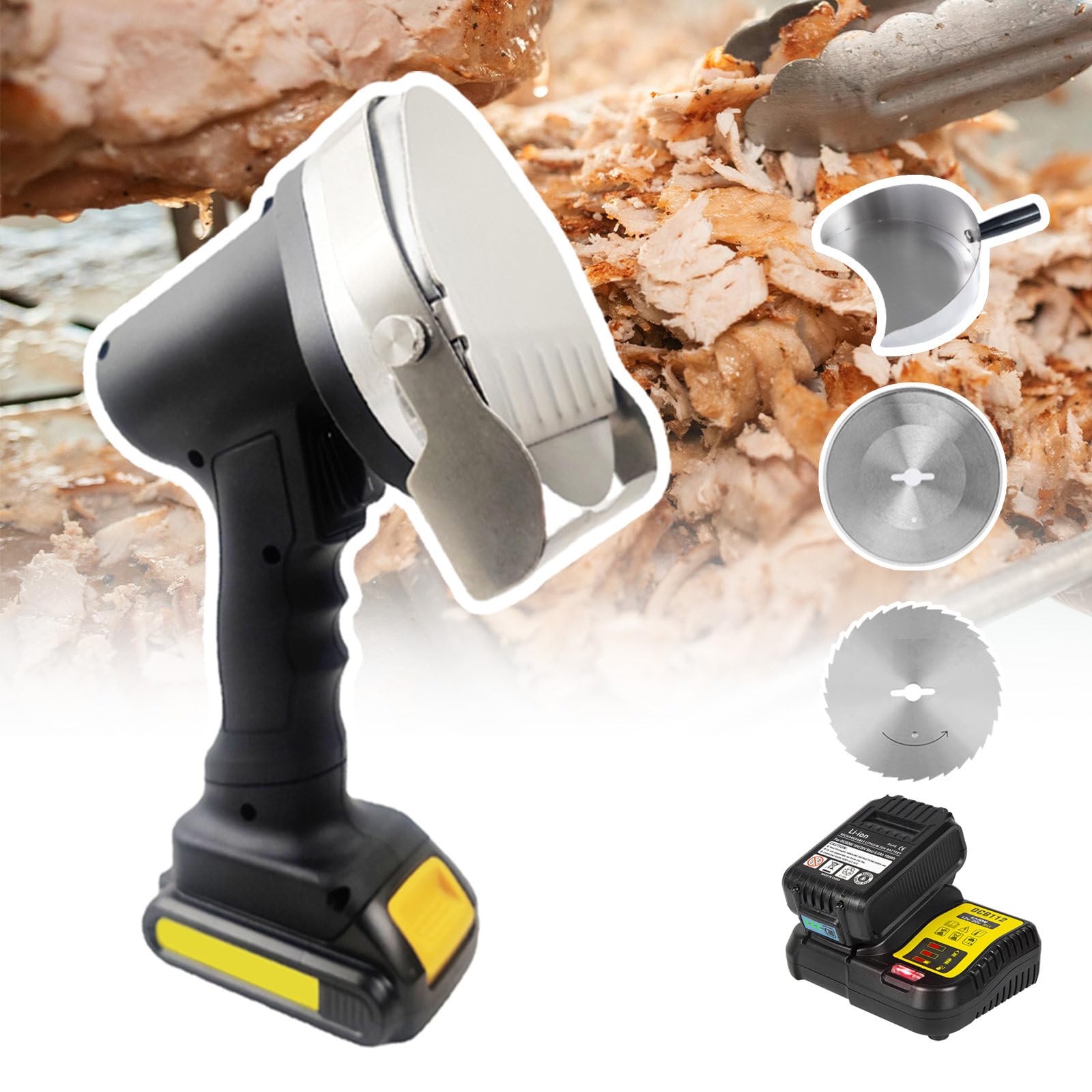 json2xml Electric Kebab Slicer, Battery powered Kebab Cutter,0~8mm Adjustable Meat Thickness,Rechargeable Kebab Cutting Knife with Rotisserie Meat Shovel& Battery for Cutting Kebab Shawarma Doner