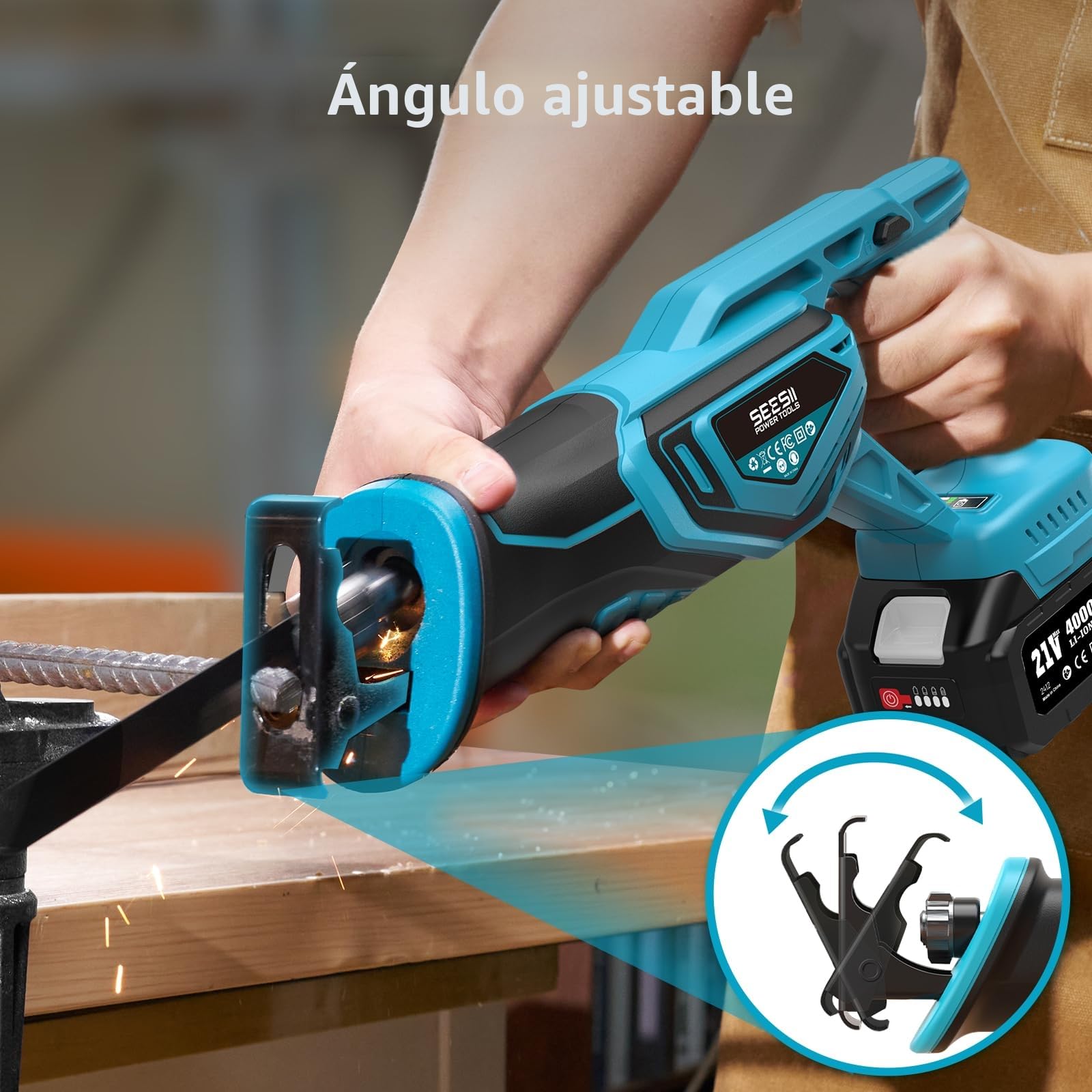 SEESII Sierra Sable, Sierra Alternativa de 2 Baterías 21V 4.0Ah, motor sin escobillas 3300 RPM, 8 cuchillas Para madera, metal, PVC, Obra y Jardín