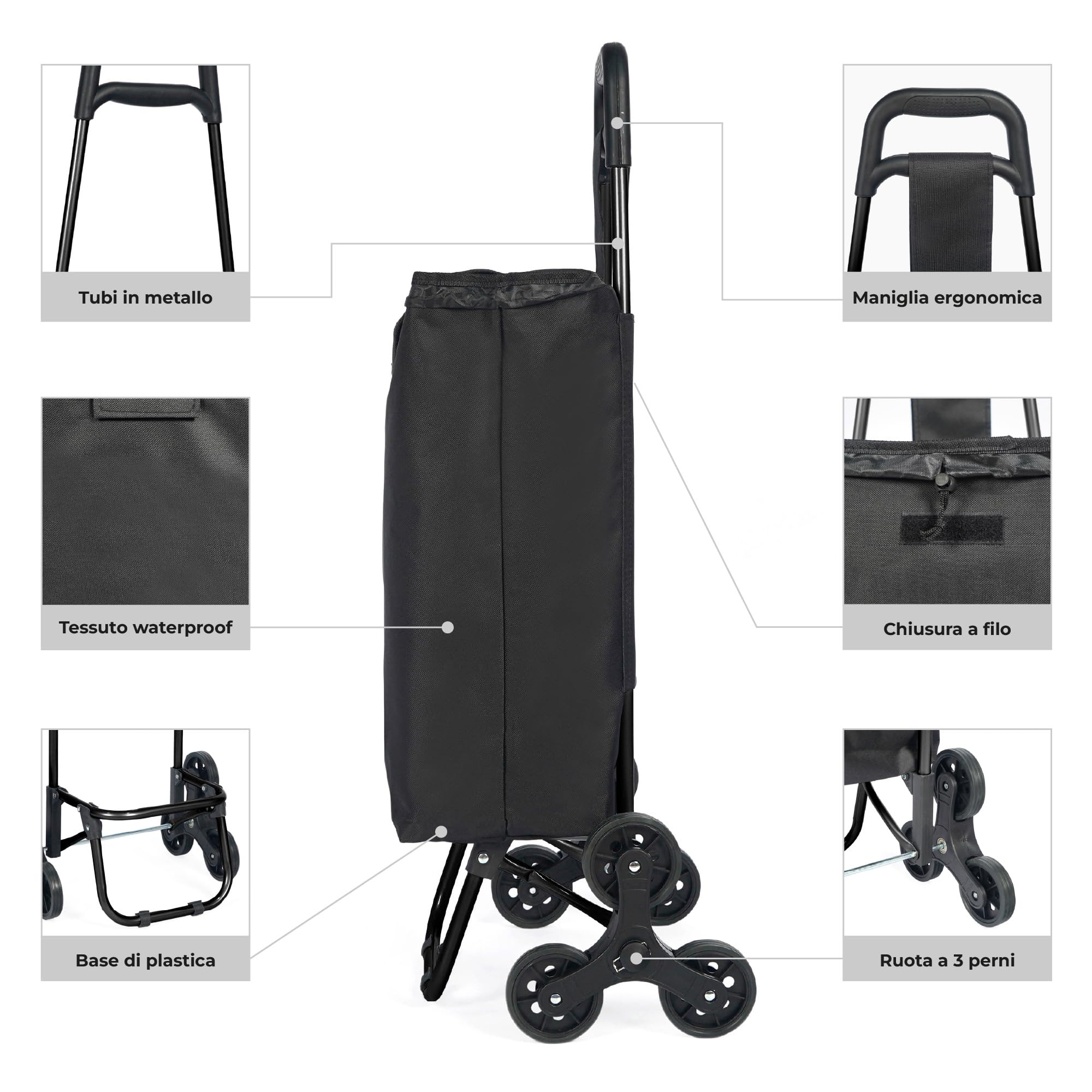 IlGruppone Carrello Spesa Saliscale 6 Ruote Pieghevole con Borsa Impermeabile, Porta Spesa per Scale Supermercato e Casa, Struttura in Acciaio - Nero