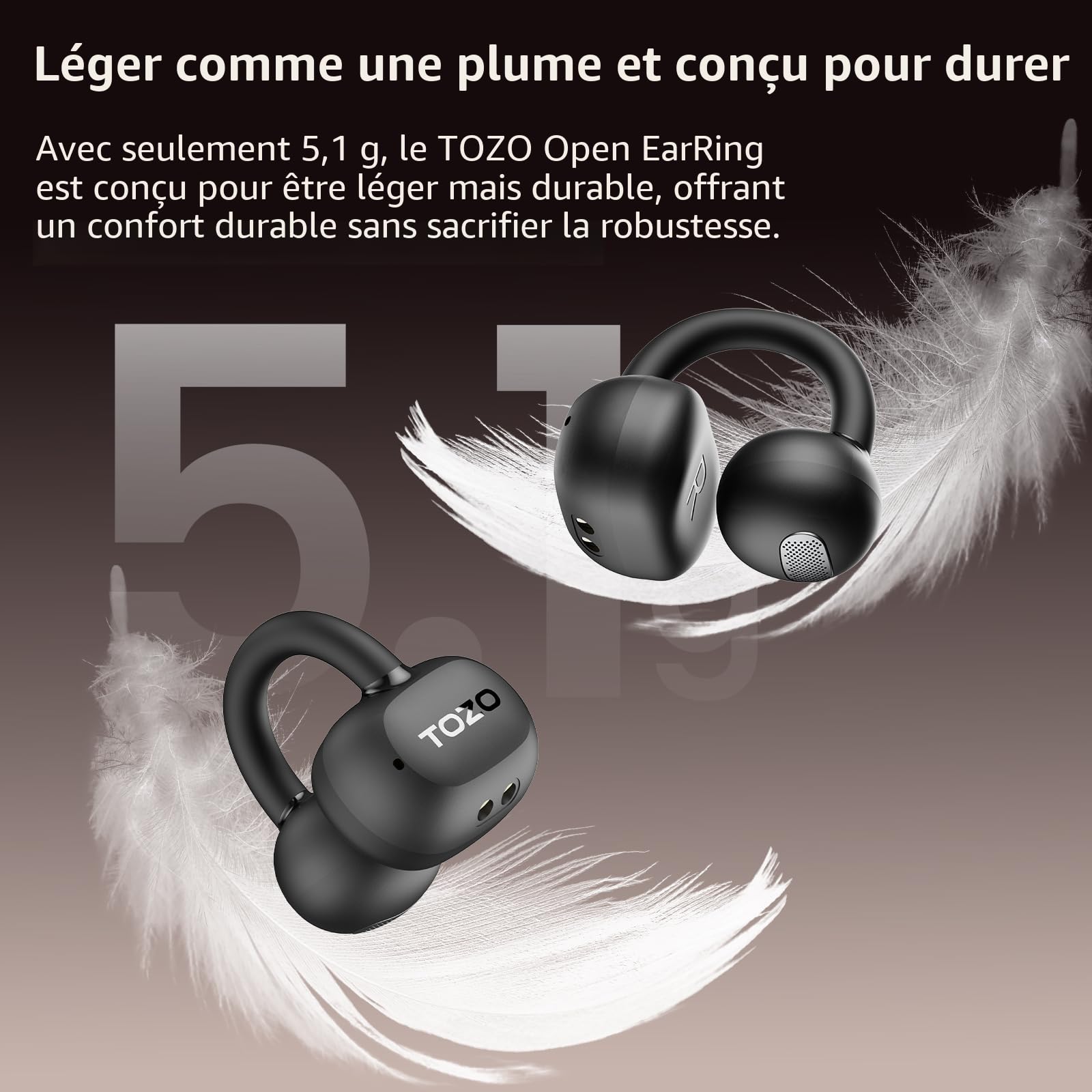 TOZO OpenEarRing Écouteurs Bluetooth sans Fil Ecouteurs Bluetooth 5.1 Ultraléger avec Réduction IA de Bruit ORIGX Acoustique EQs Ajustement 40H d'Autonomie LED Écran USB Type C IPX5 Noir