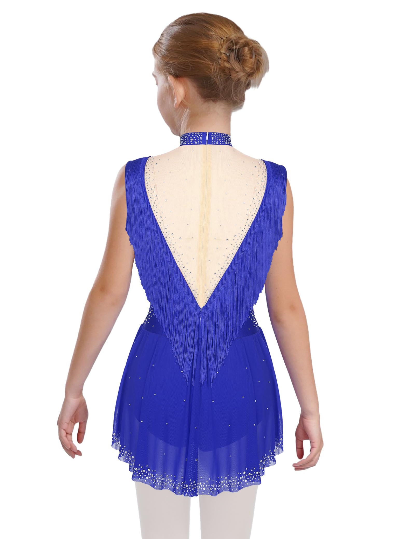 Maillot de Patinaje Artístico con Flecos para Niñas Leotardos de Danza sin Mangas con Volantes y Pedrería Brillante Maillot de Baile Latino Jazz