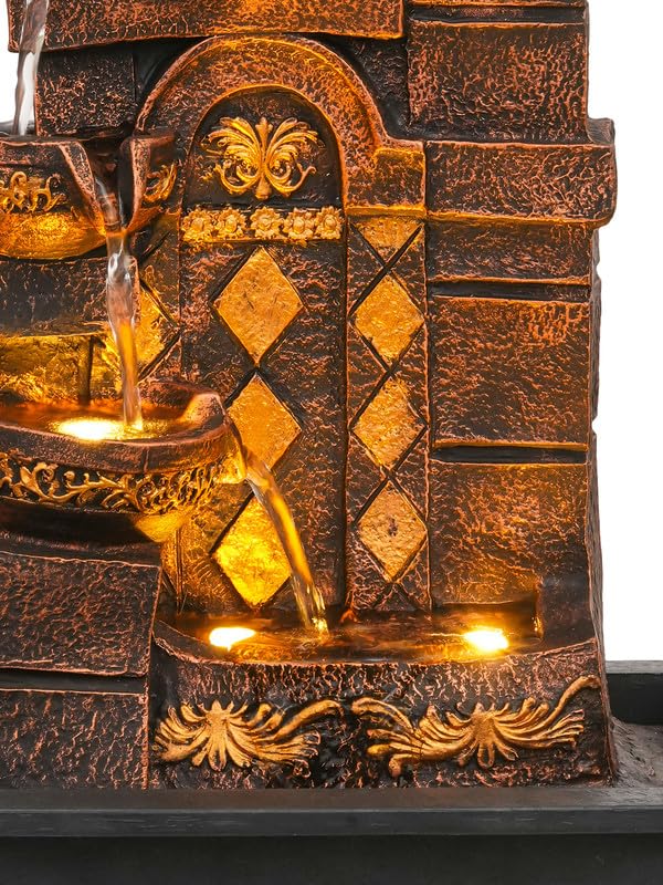 Image of Polyresin Golden Brown Designer Table Top Indoor Home Decor 4 Steps Waterfall Fountain with Yellow LED Lights & Water Flow Controller Pump (Size: 40 x 29.5 x 22CM | Weight: 2185grm)
