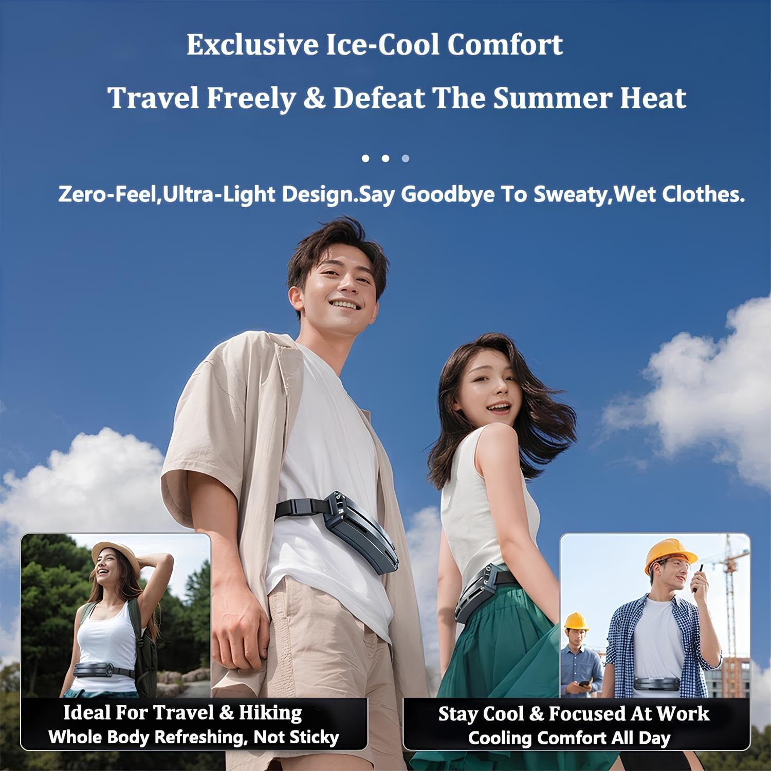 Ventilador de cintura recargable portátil, viento fuerte, batería de 5000 mAh, 3 velocidades, bolsa de hielo desmontable para actividades al aire libre, lugar de trabajo, pesca, picnic
