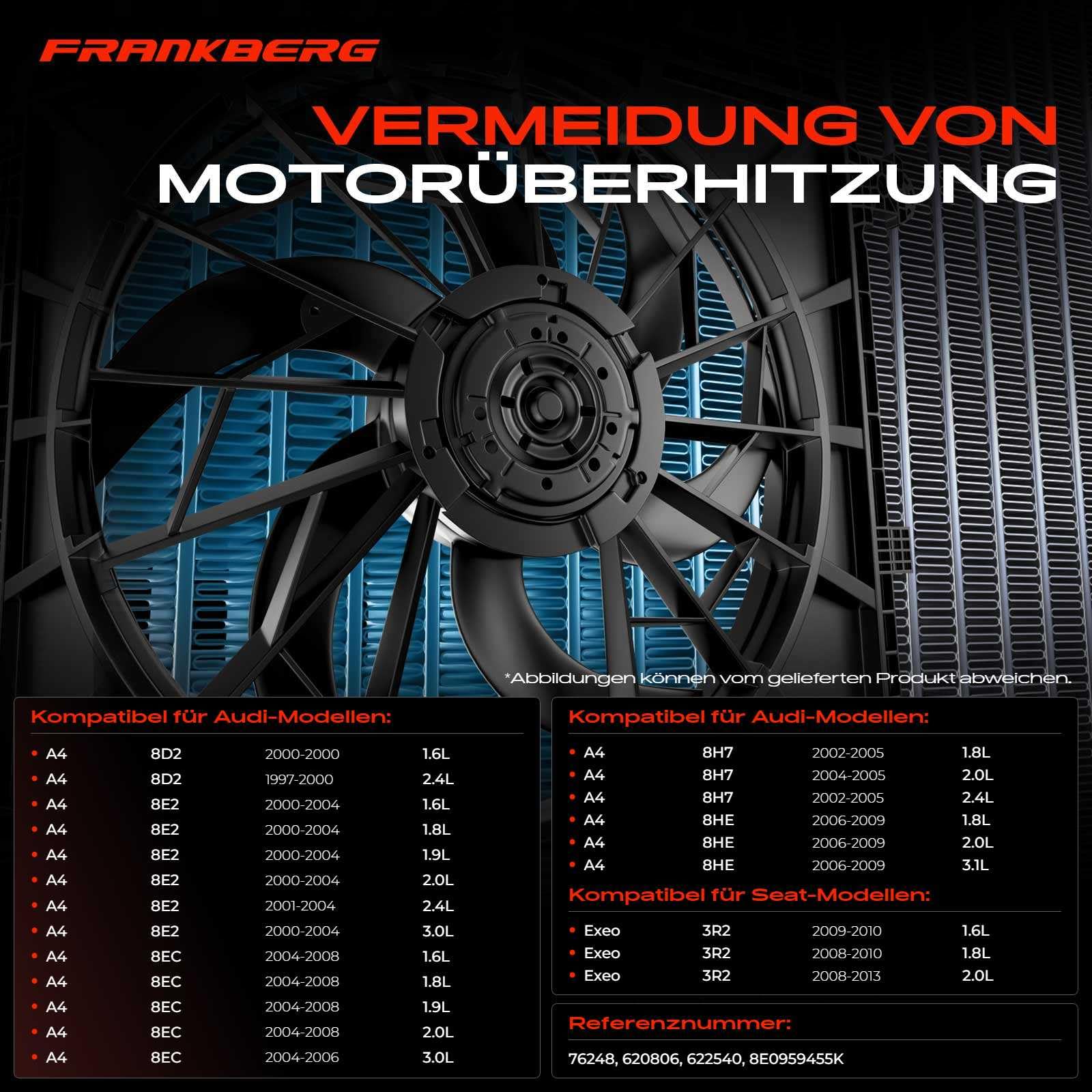 Frankberg 1x Lüfter Motorkühlung Kühlerlüfter Vorne Links Kompatibel mit A4 1.6L-3.0L 1997-2008 A6 2.0L 2001-2005 Exeo 3R2 1.6L-2.0L 2008-2013 Exeo ST 3R5 1.6L-2.0L 2009-2013