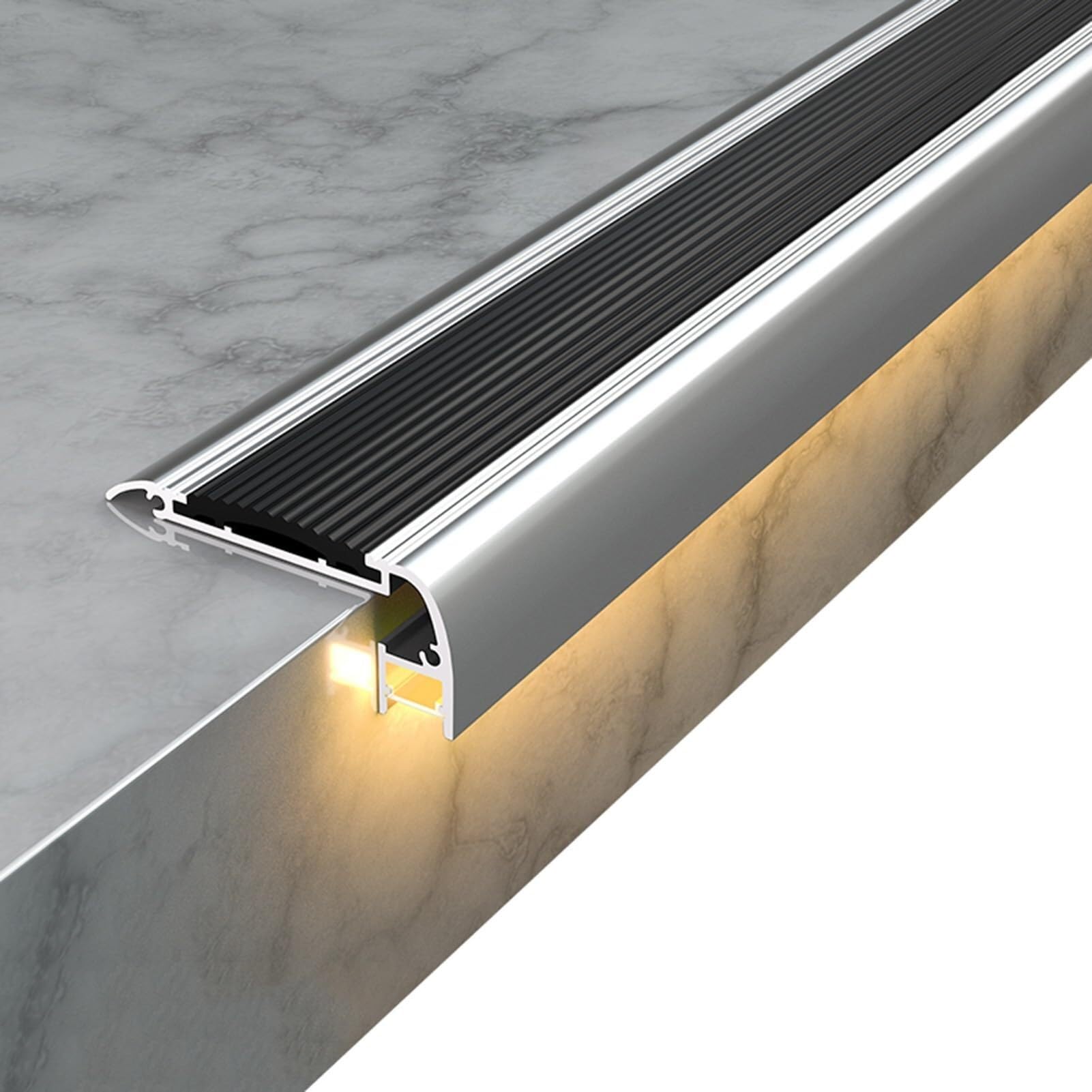Perfil Antideslizante para Escaleras de Aluminio con Ranura para Tira LED, Zócalo en L con Tira de Goma Antideslizante para Seguridad en Hogar, Oficinas y Uso Comercial(Negro,150cm/59in)