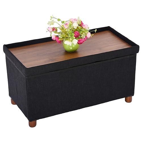 30 Inches Storage Ottoman Bench, Storage Bench with Wooden Legs