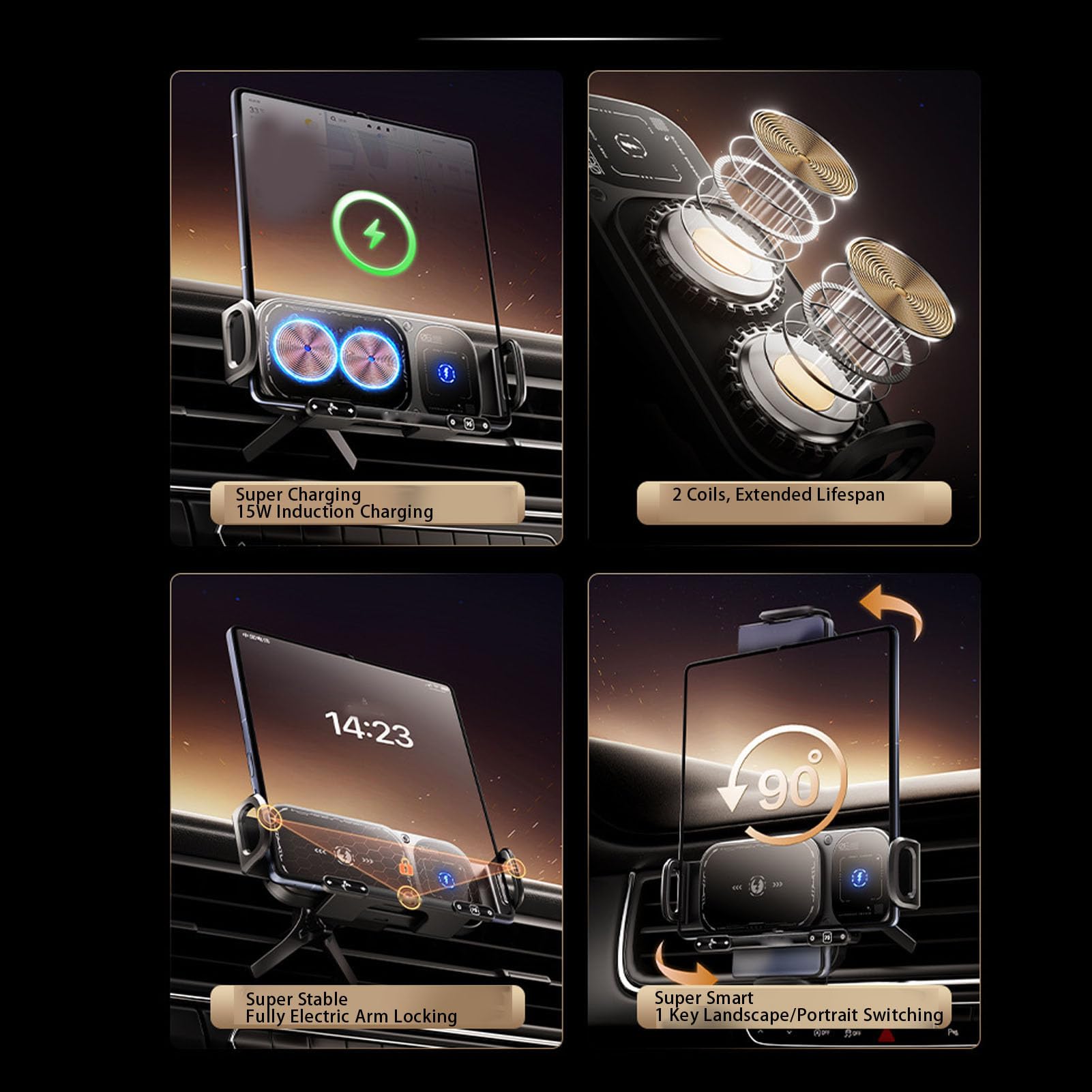 Supporto per Auto Rotante con Ricarica Wireless Ad Alta velocità 15 W Supporto per Telefono con Rotazione Automatica a Ricarica Rapida Impugnatura Design Pieghevole