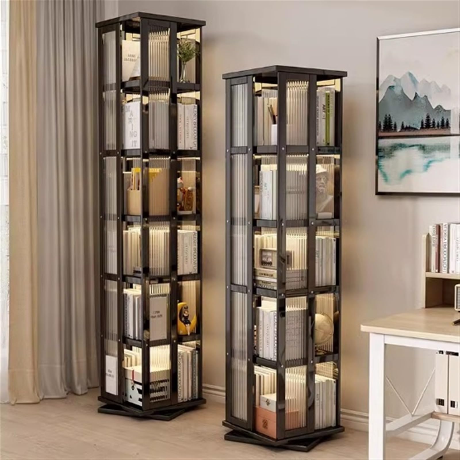 Organizer Scrivania Libreria Girevole for la casa, scaffalatura Multifunzionale a Pavimento, scaffale Moderno Multistrato Semplice e Moderno Cassetti Scrivania(Nero,L)