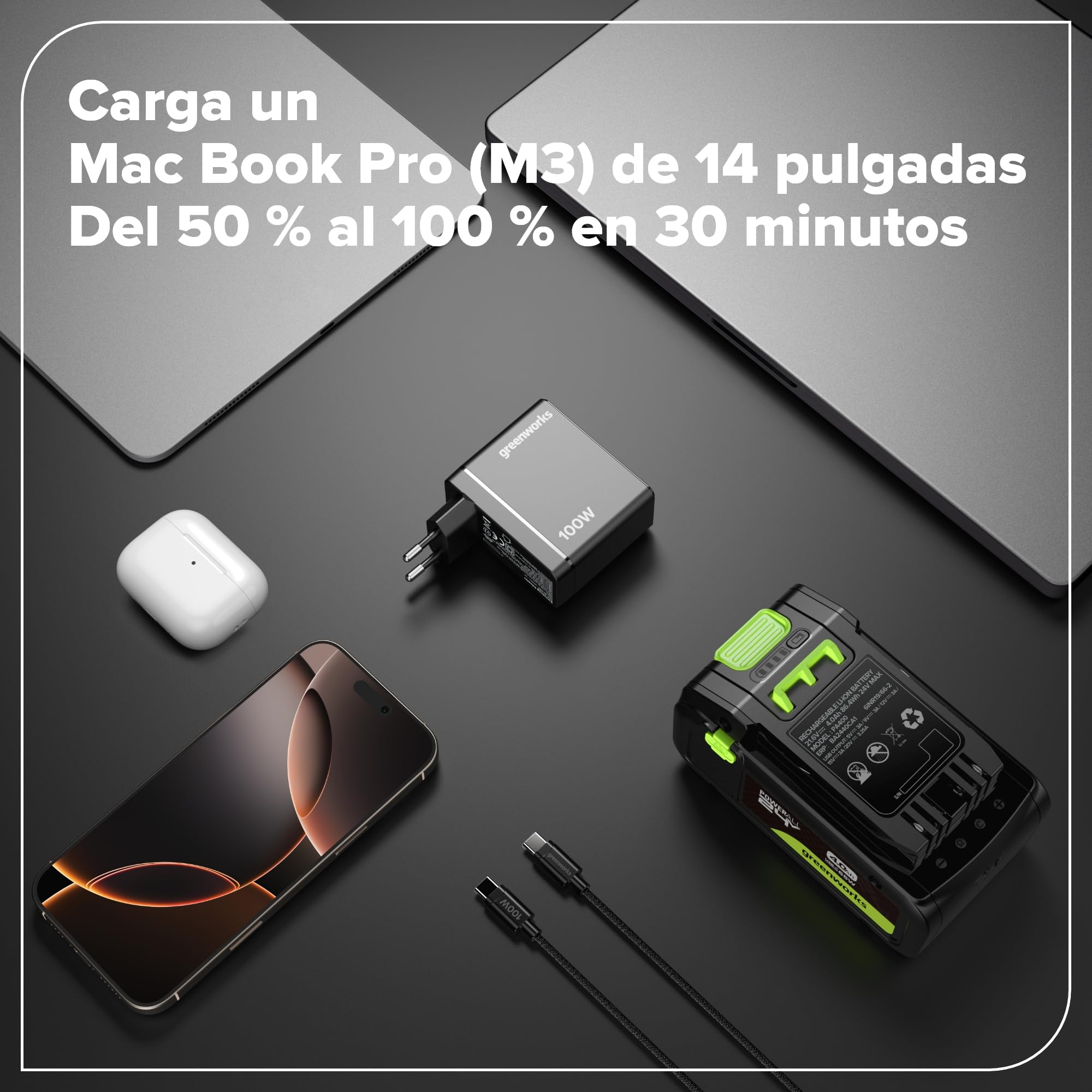 Greenworks Cargador USB C rápido 100 W Pod de 3 Puertos PPS, Fuente de compacta USB C para MacBook Pro/Air, iPad Pro, Galaxy S20, Note 20, iPhone 17 Pro MAX, Garantía de 3 años -AP100EA