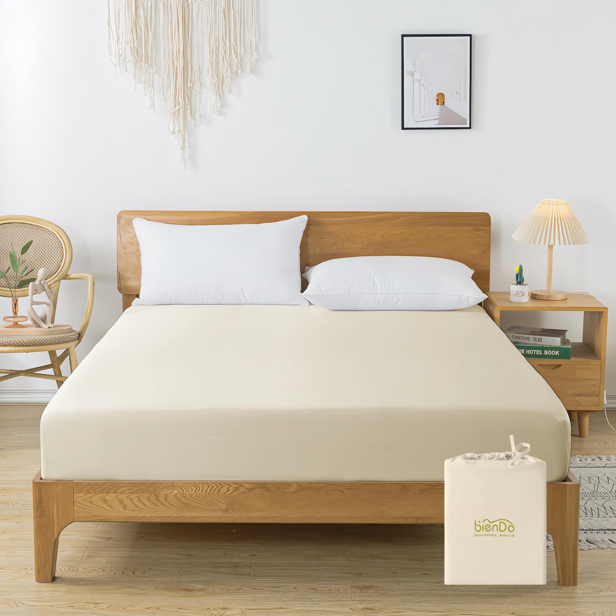 bienDo Spannbettlaken 140x200 cm, für Boxspringbett, Beige, Bambus - Veganer Seide Topper, Kühlendes, Für 35CM Hohe Matratzen, Kuschelig und Weich