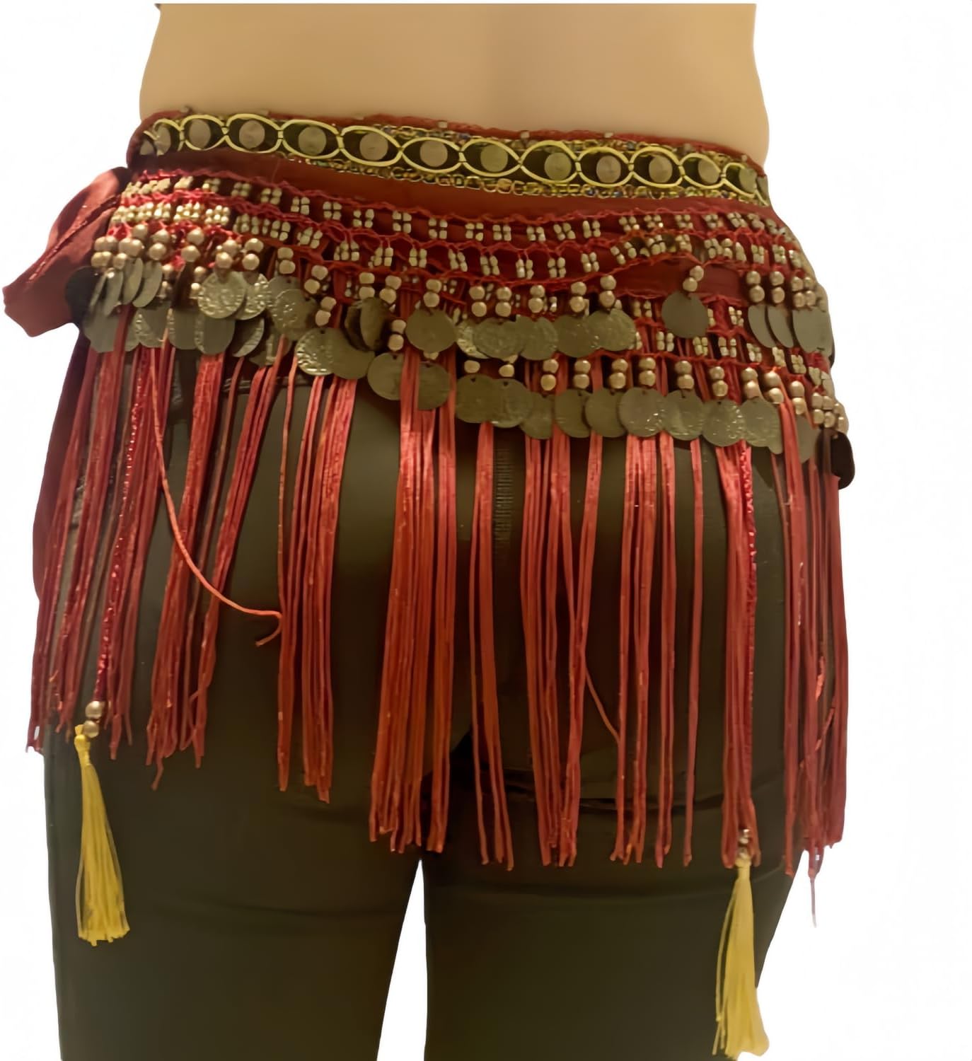 Womens Belly Dance Flannel Tribal Hip Scarf Belt Skirt with Fringe Coins (Wine red) - Image 4