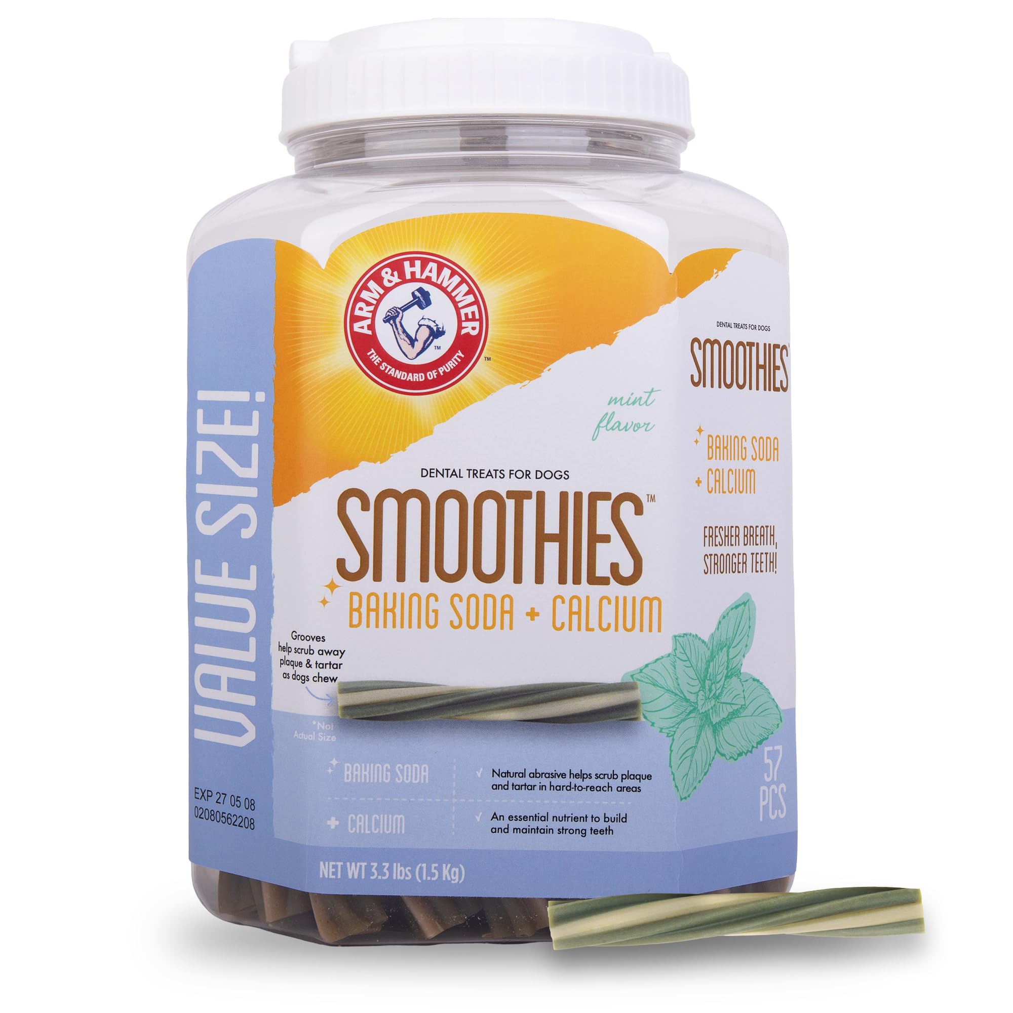 Arm & Hammer for Pets Smoothies Dental Treats for Dogs with Baking Soda and Calcium, Treat Chews Help Fight Bad Breath, Plaque & Tartar without Brushing, Mint, 57 Pcs (Packaging may vary)