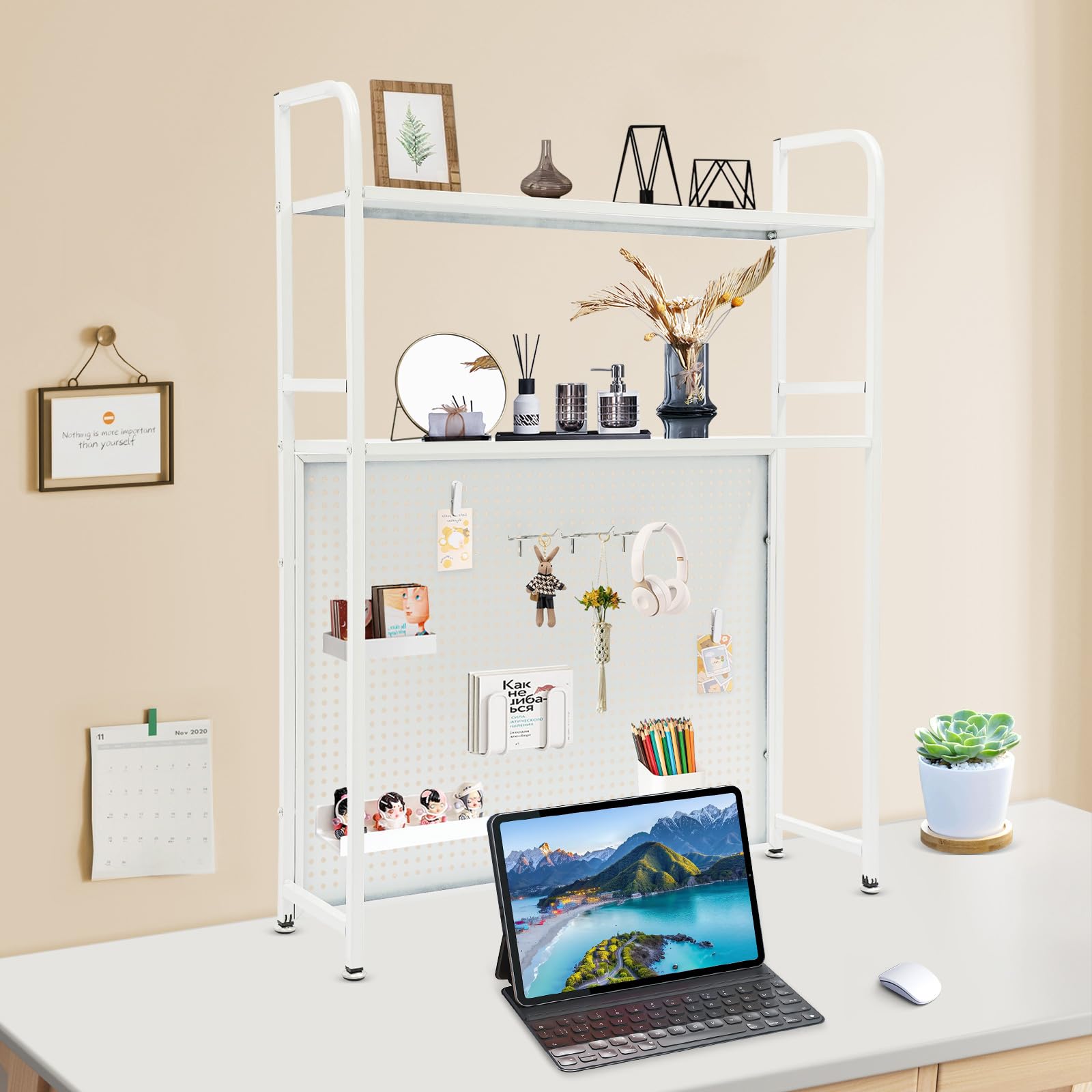 Organizer da scrivania in metallo, a 2 piani, multiuso, con fori e ganci, per riporre libri, materiale da ufficio, documenti, 75 x 20 x 98 cm