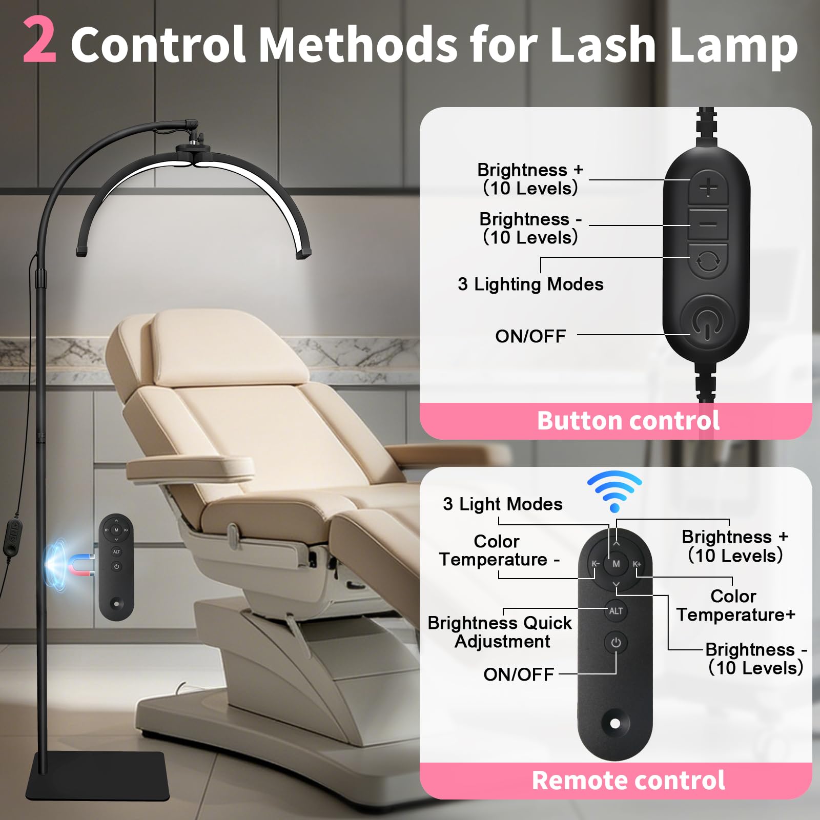 Lampe Extension de Cils Demi-lune Pliable LED avec Support de Téléphone 360° Rotative Luminosité et Hauteur Réglable Noir