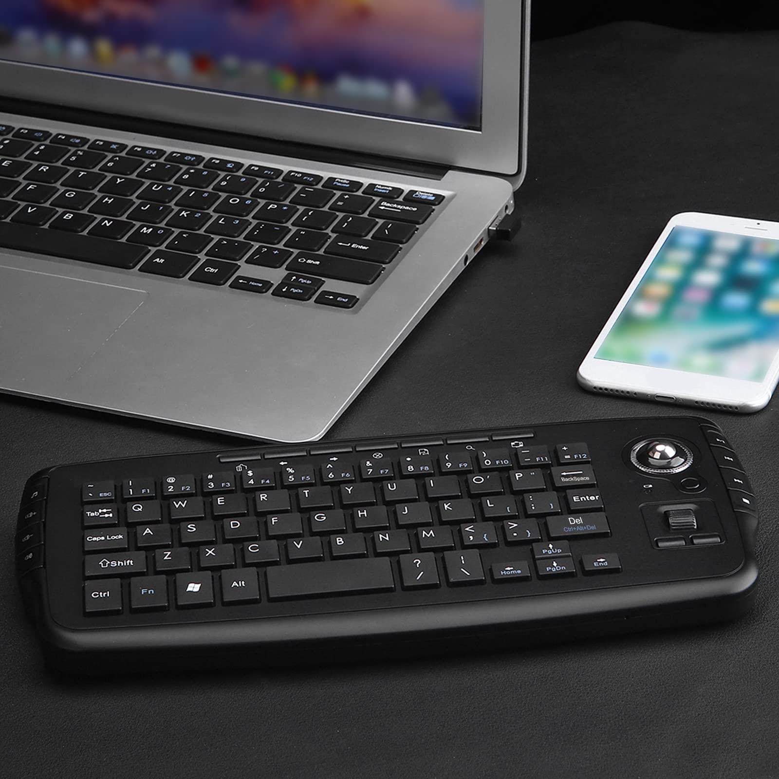 E30 2,4 GHz Tastiera Senza Fili con Trackball Mouse Rotella di scorrimento Telecomando per Android TV Box Smart TV PC Notebook Notebook Tastiera Gaming Nero