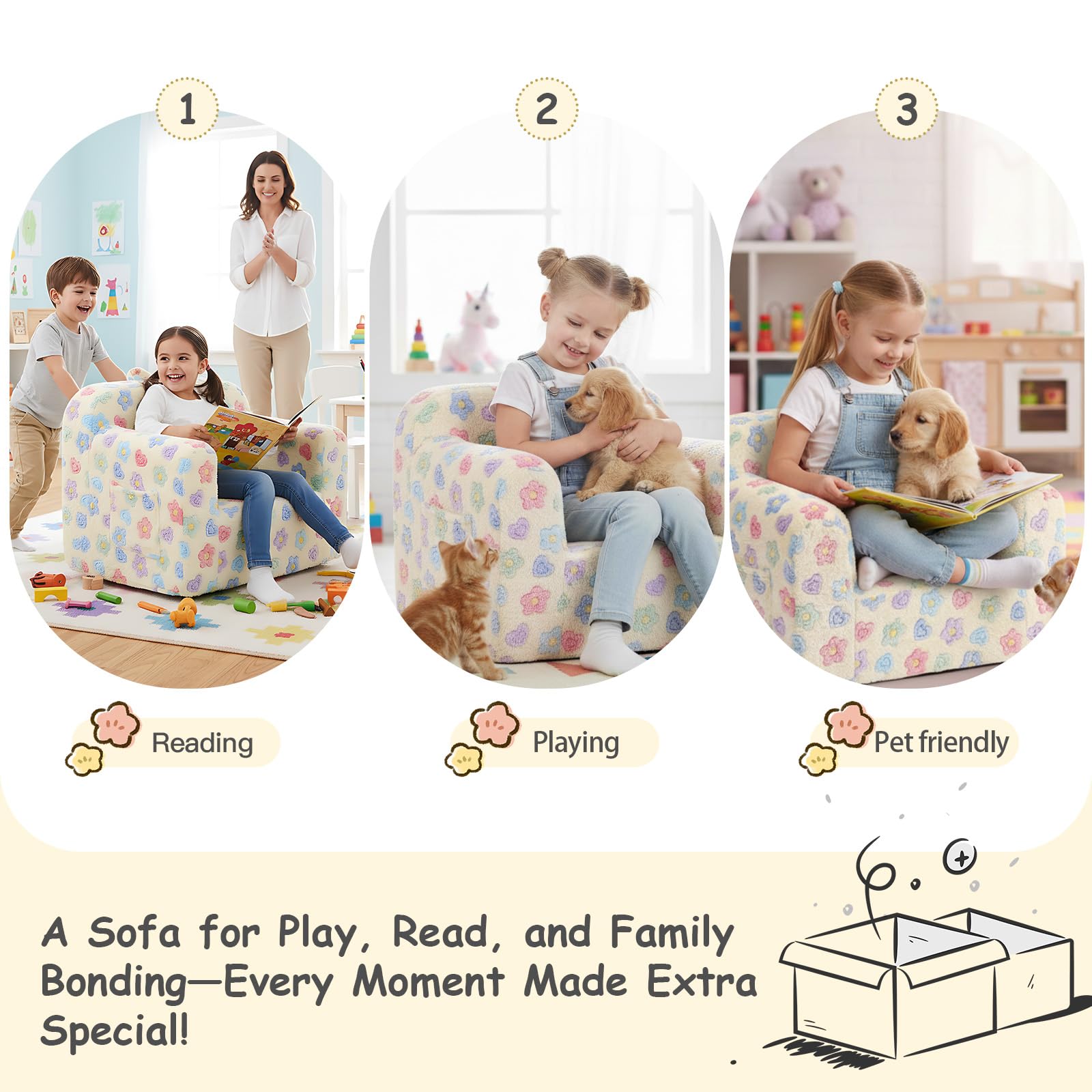 Tiita Kids Sofa, Childrens Couch with Carry Handle, Portable Toddler Foam Sofa Couch, Lightweight Kids Chair for Playroom, Dorm Room, Small Space, Flower