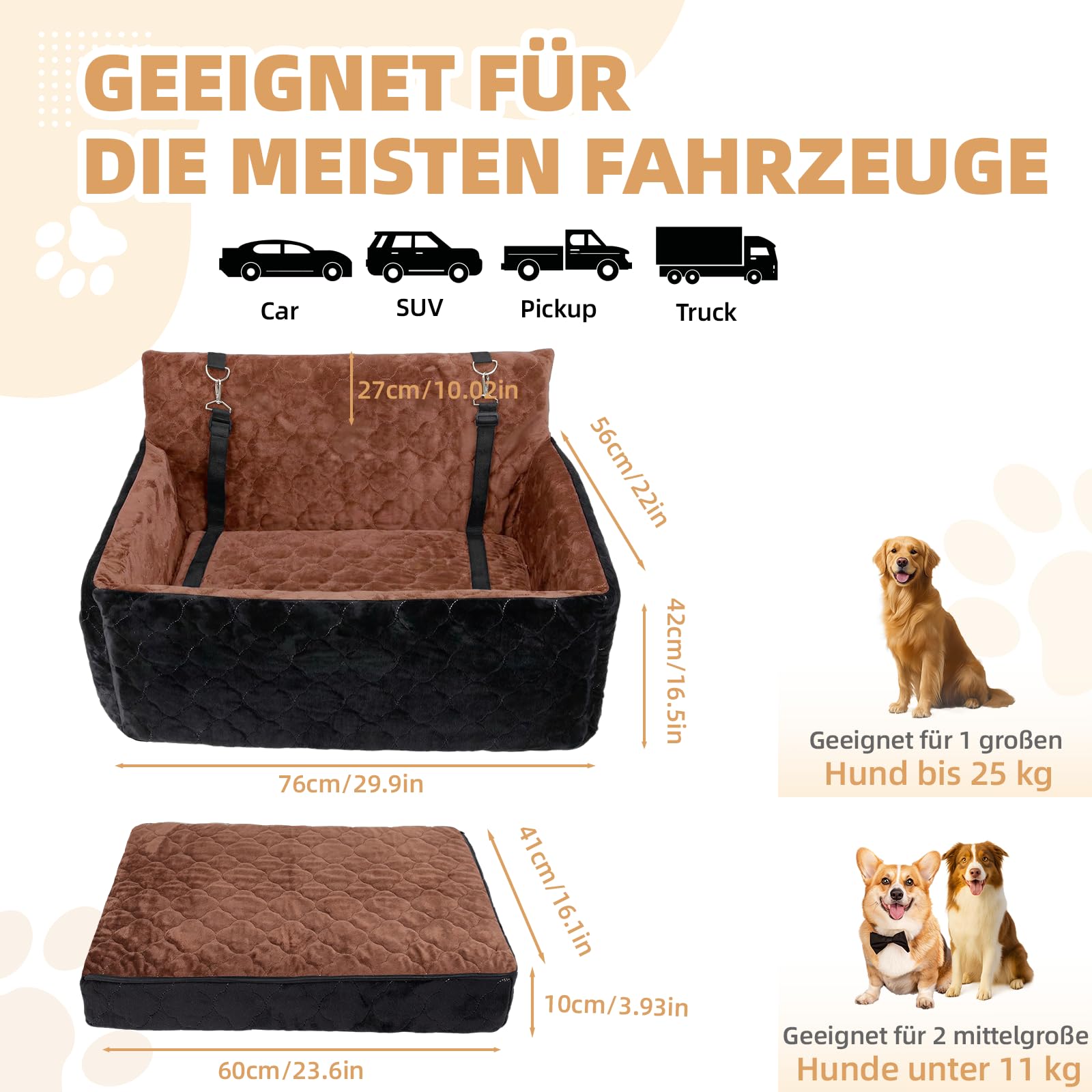 Hunde Autositz für mittlerer große Hunde, Abnehmbarer Hundesitz Auto bis zu 25kg mit 2 Sicherheitsleinen, Waschbarer Hundebett Auto für den Rücksitz,Braun+schwarz