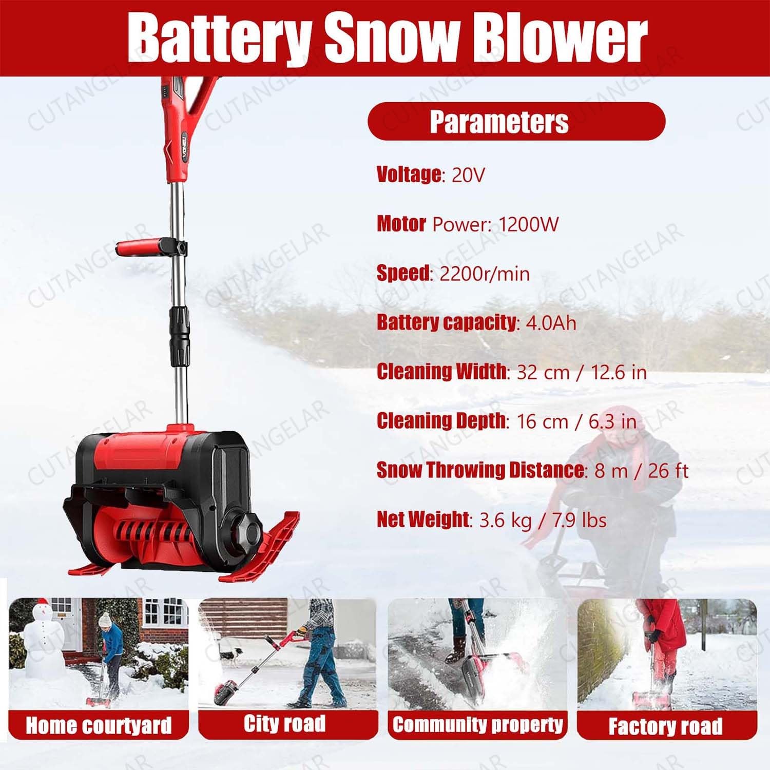 Spazzaneve Senza Fili 20V, Pala Per Neve Elettrica Con Batteria 4.0Ah, Larghezza Pulitura 32 Cm E Distanza Lancio 8 M, Ideale Per Viali, Terrazze E Scale.
