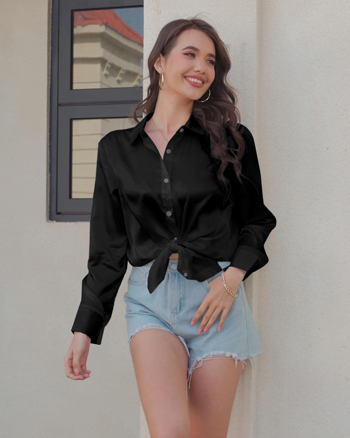 YAMANMAN Women Satin Blouse Long Sleeves Button Down Shirts V Neck Loose Blouse Business Casual Work Top - Image 5