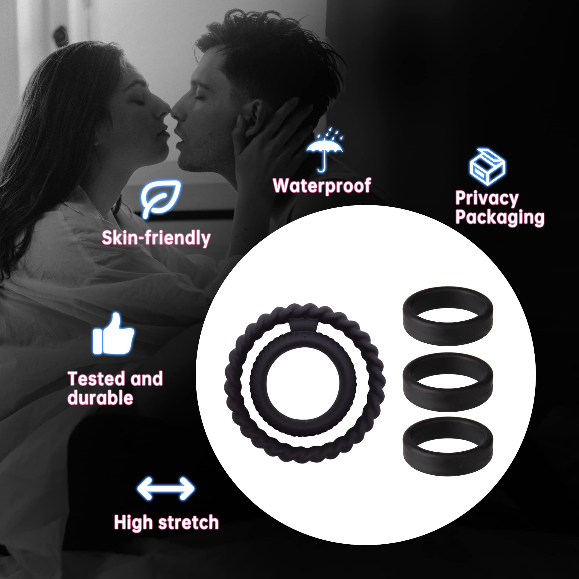 Bague Cock Ring Pour Hommes – Lot De 7 Pièces En Silicone – Imperméable, Neuf Avec étiquettes