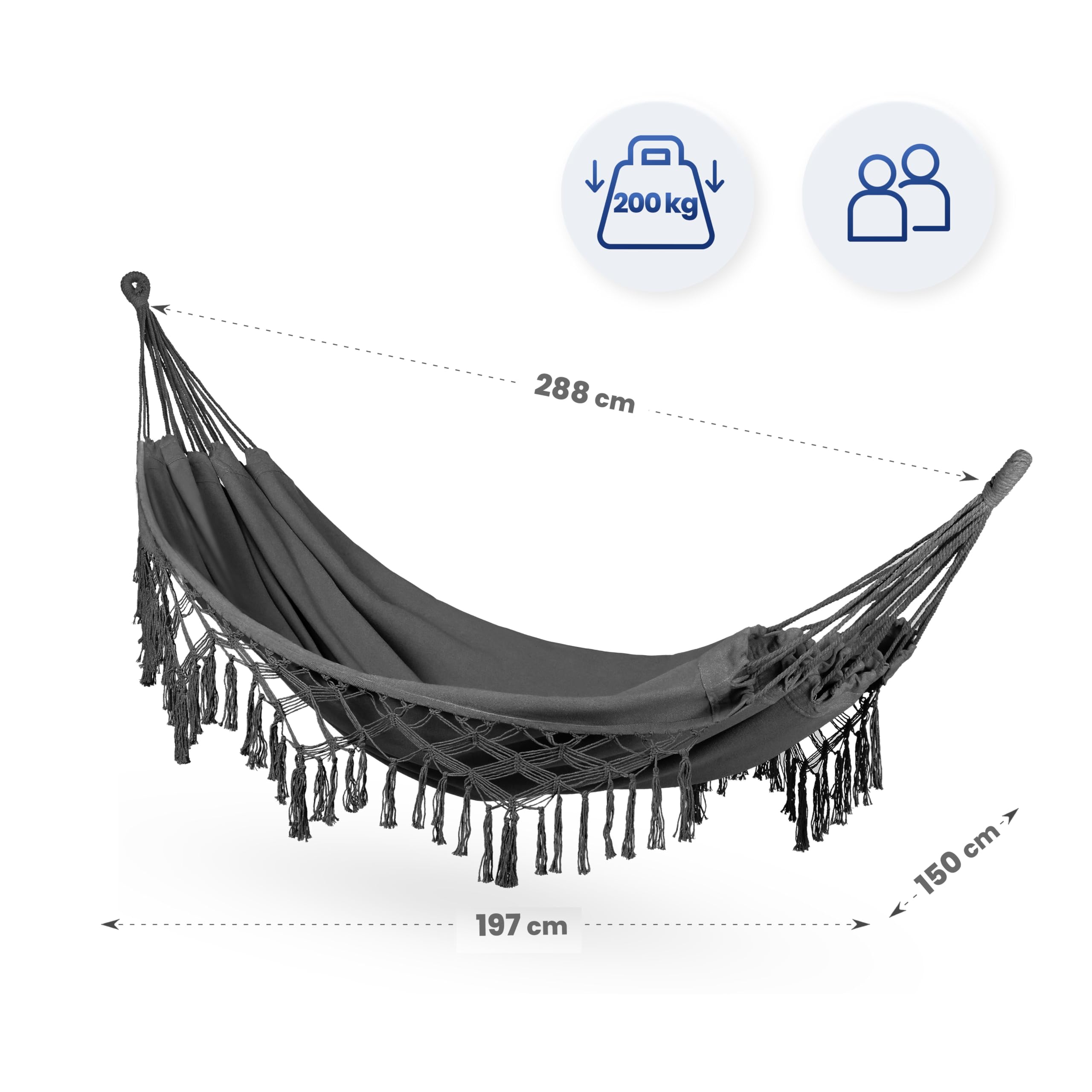 Hamac Suspendu - 200 x 150 cm - Hamac de Camping et Jardin Confortable - 250kg Capacité de Charge - 1-2 Personnes pour Intérieur, Balcon, Extérieur (Gris foncé)