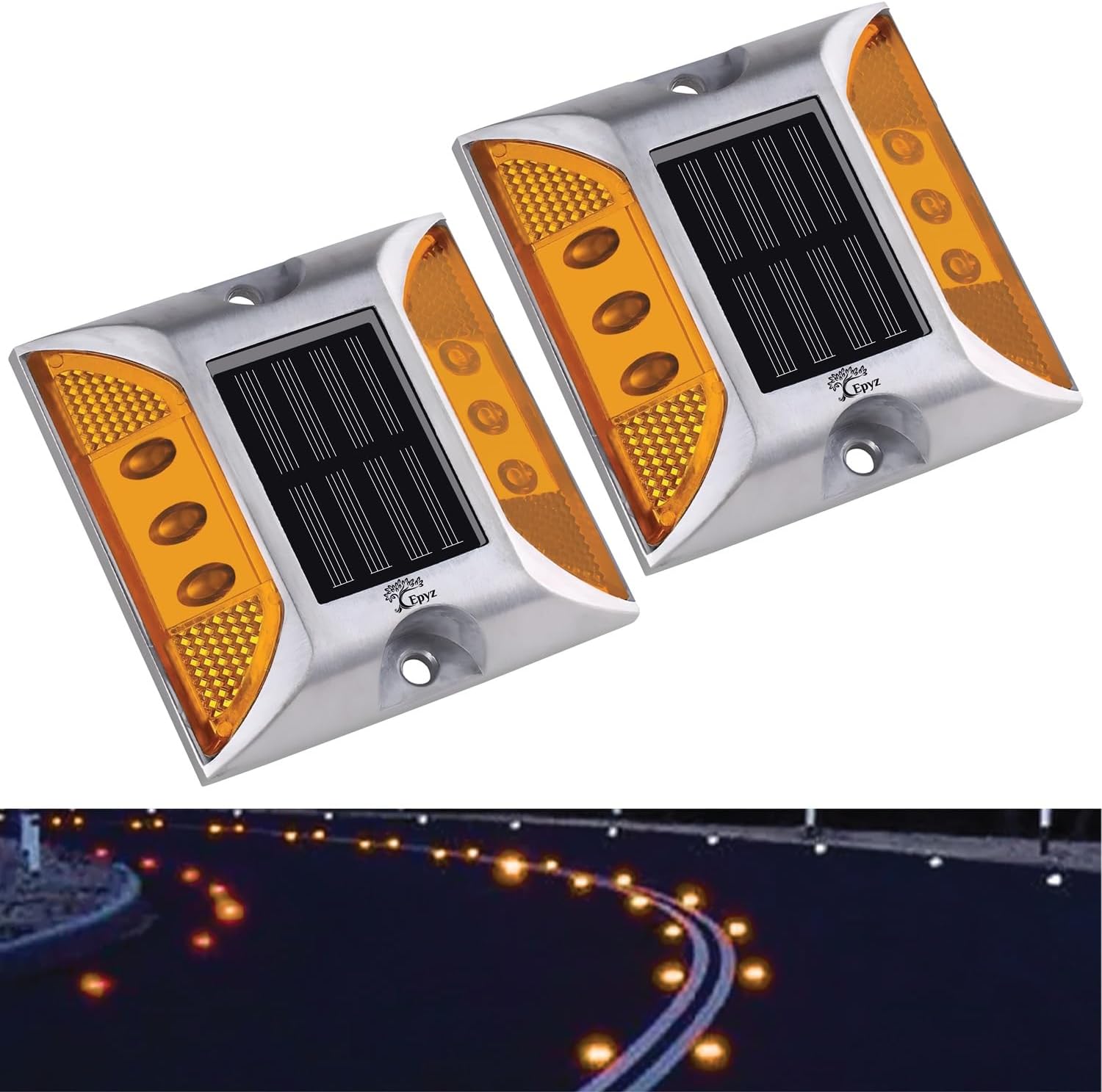 Epyz Solar Road Stud Light Outdoor Waterproof 6 LED Deck Lights for Driveway, Dock, Markers, Step, Staircase Ground, Sidewalk, Yard [ Aluminium Alloy] [ Pack of 2, Warm Yellow Flashing ]