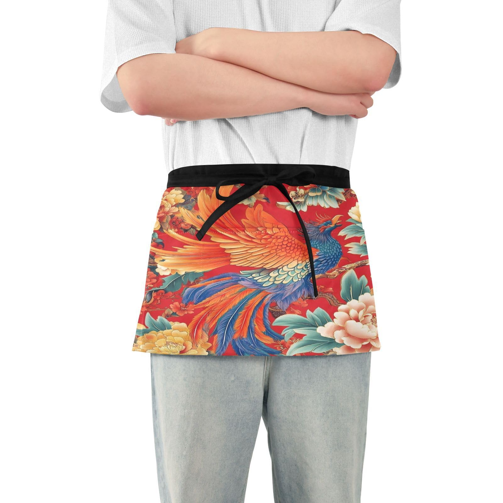 Kigai Peony Phoenix Server Aprons for Men Women Water & Oil Resistant Waitress Waiter Waist Apron with 3 Pockets